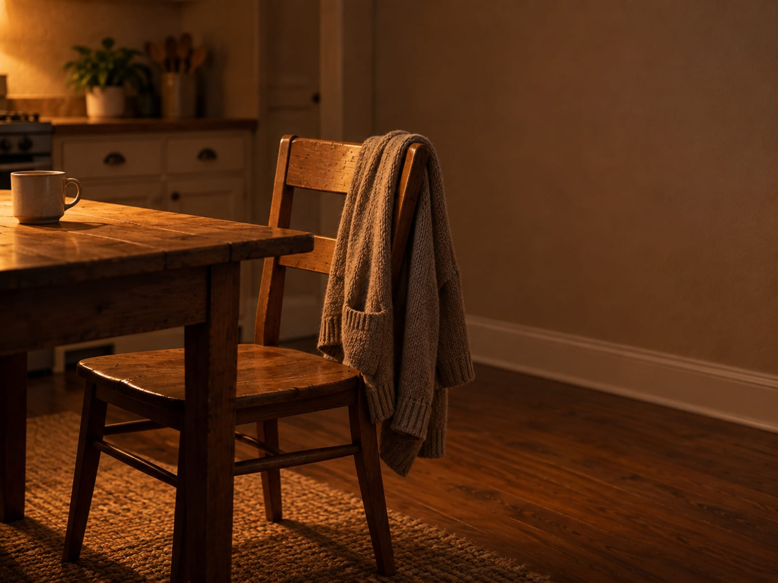 Una silla de cocina vacía apartada de una mesa, con un cárdigan colgado del respaldo