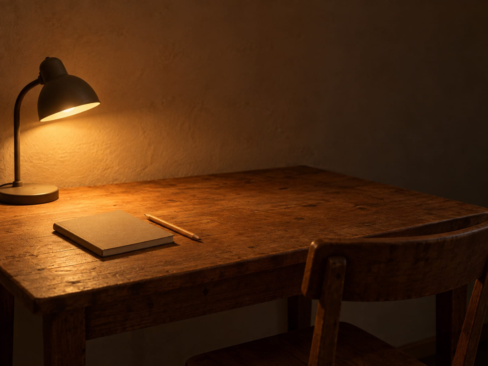 An empty chair pulled up to a table with a closed notebook and a pencil, a lamp on in the evening