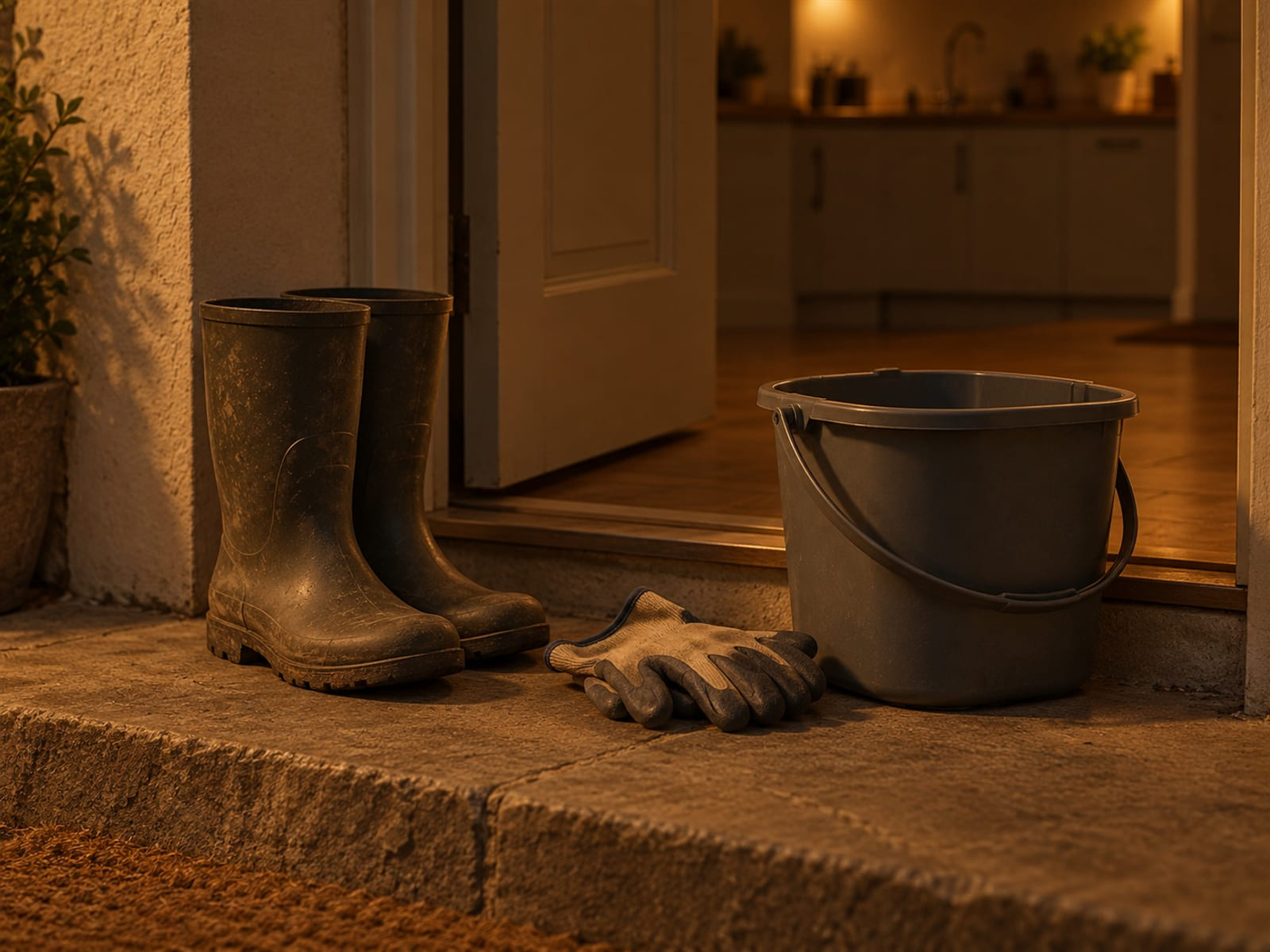 Rubber boots and work gloves on a doorstep beside an empty mop bucket