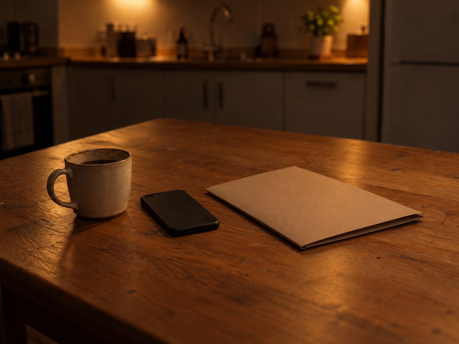A closed folder and a phone on a kitchen table in morning light