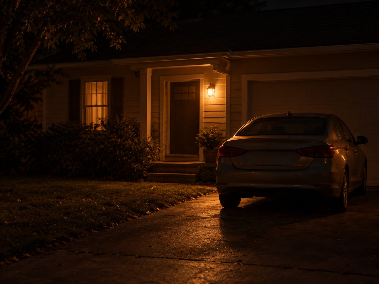A car parked in a driveway at night under a porch light, nobody in it