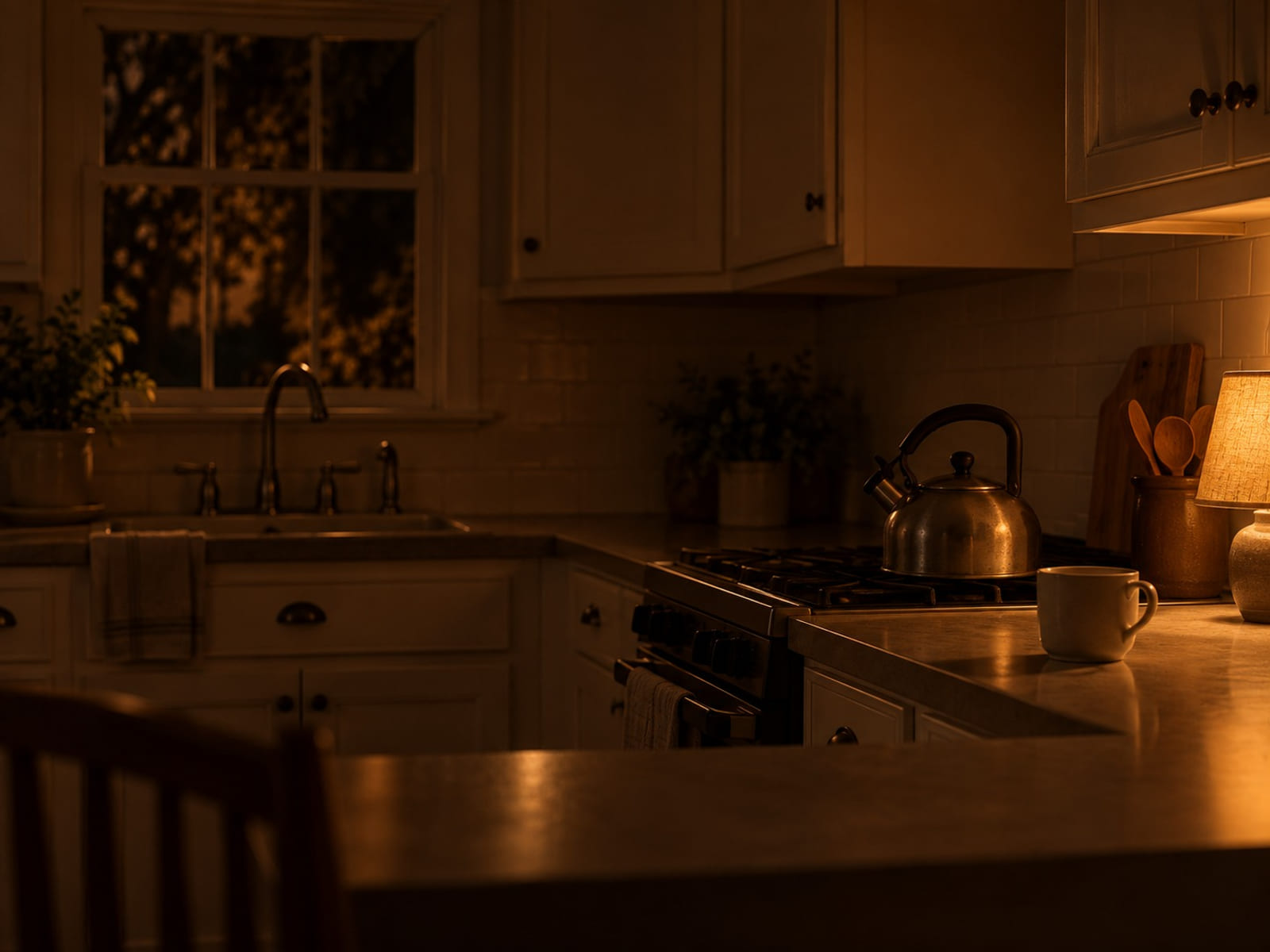 A kettle on the stove and a single cup waiting on the counter, a lamp turned low