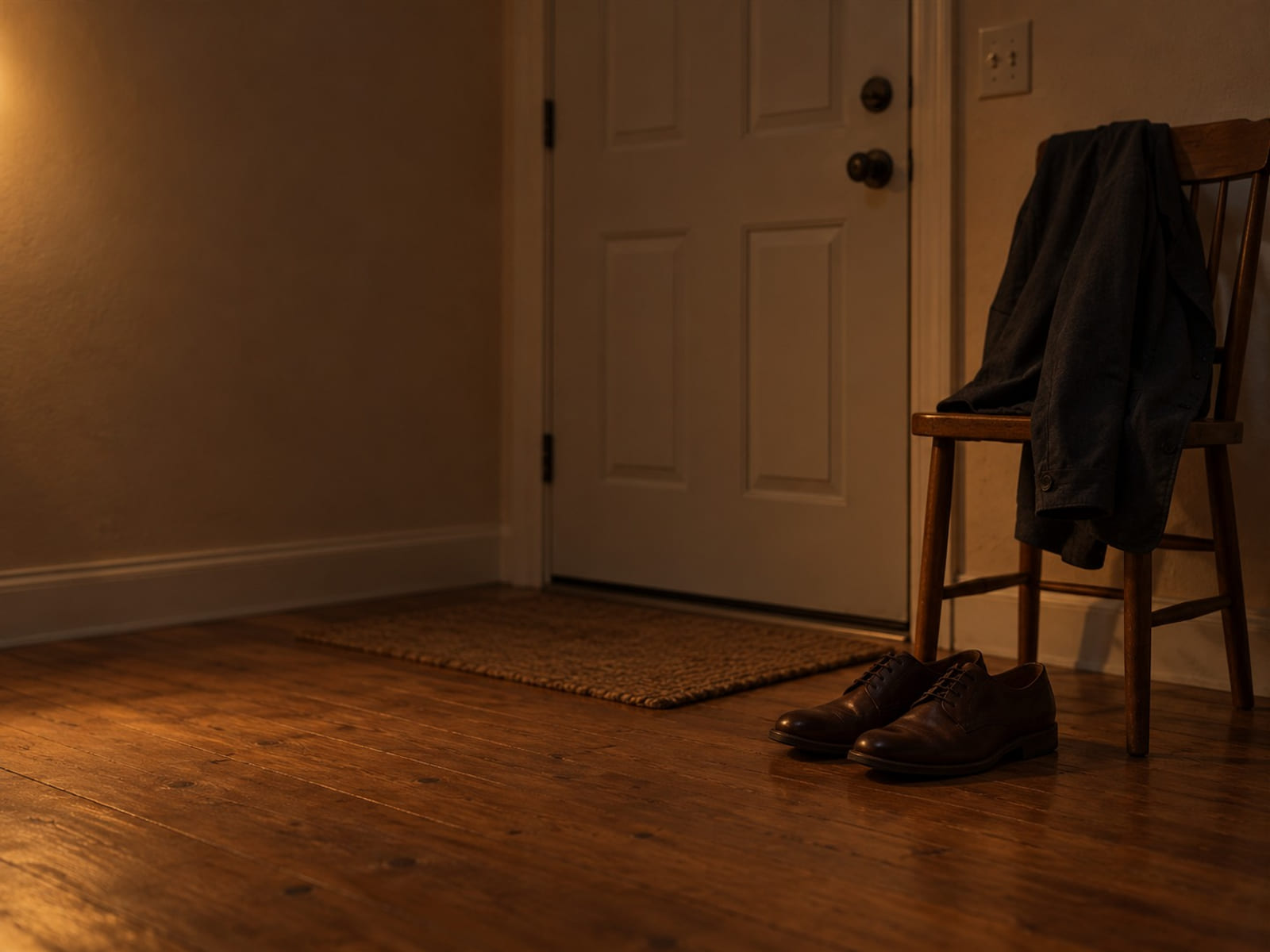 A pair of polished shoes by a front door and a folded jacket over a chair