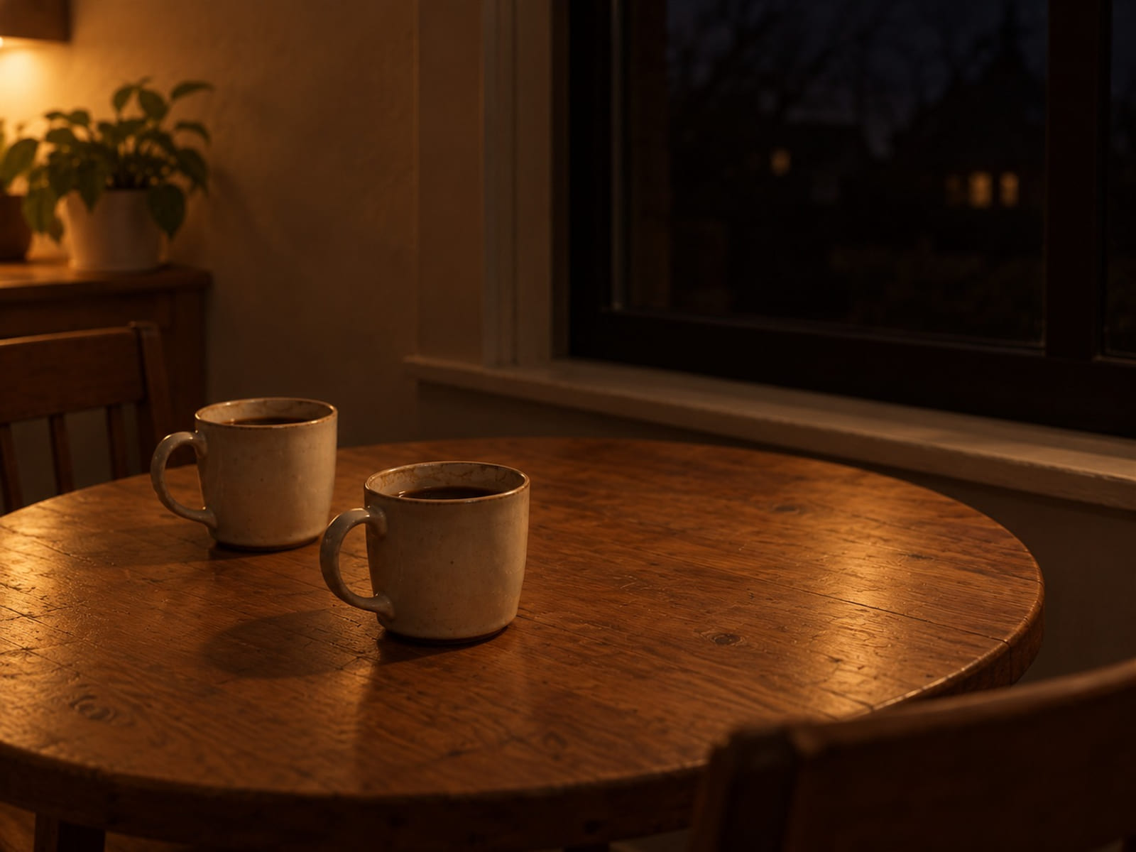 Two coffee cups on a small cafe table by a window