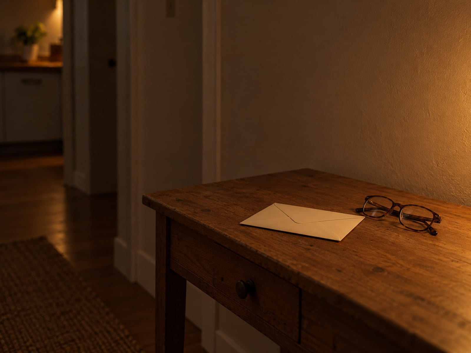 A cream envelope and a pair of reading glasses on a hallway table