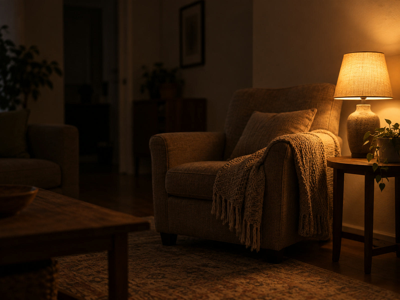 A single lamp left on beside an armchair in a dark living room at night