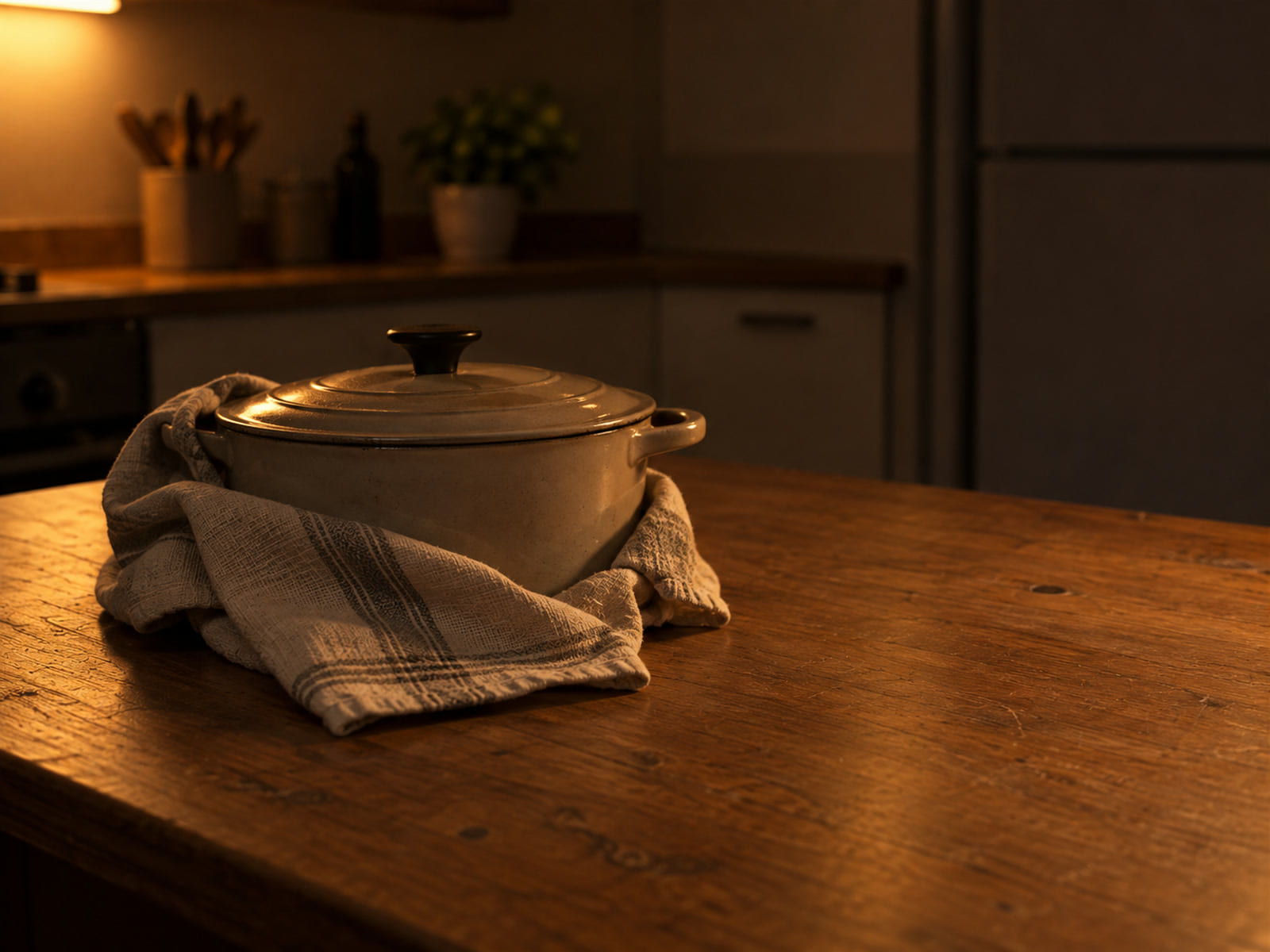 A covered pot wrapped in a folded dish towel on a kitchen counter