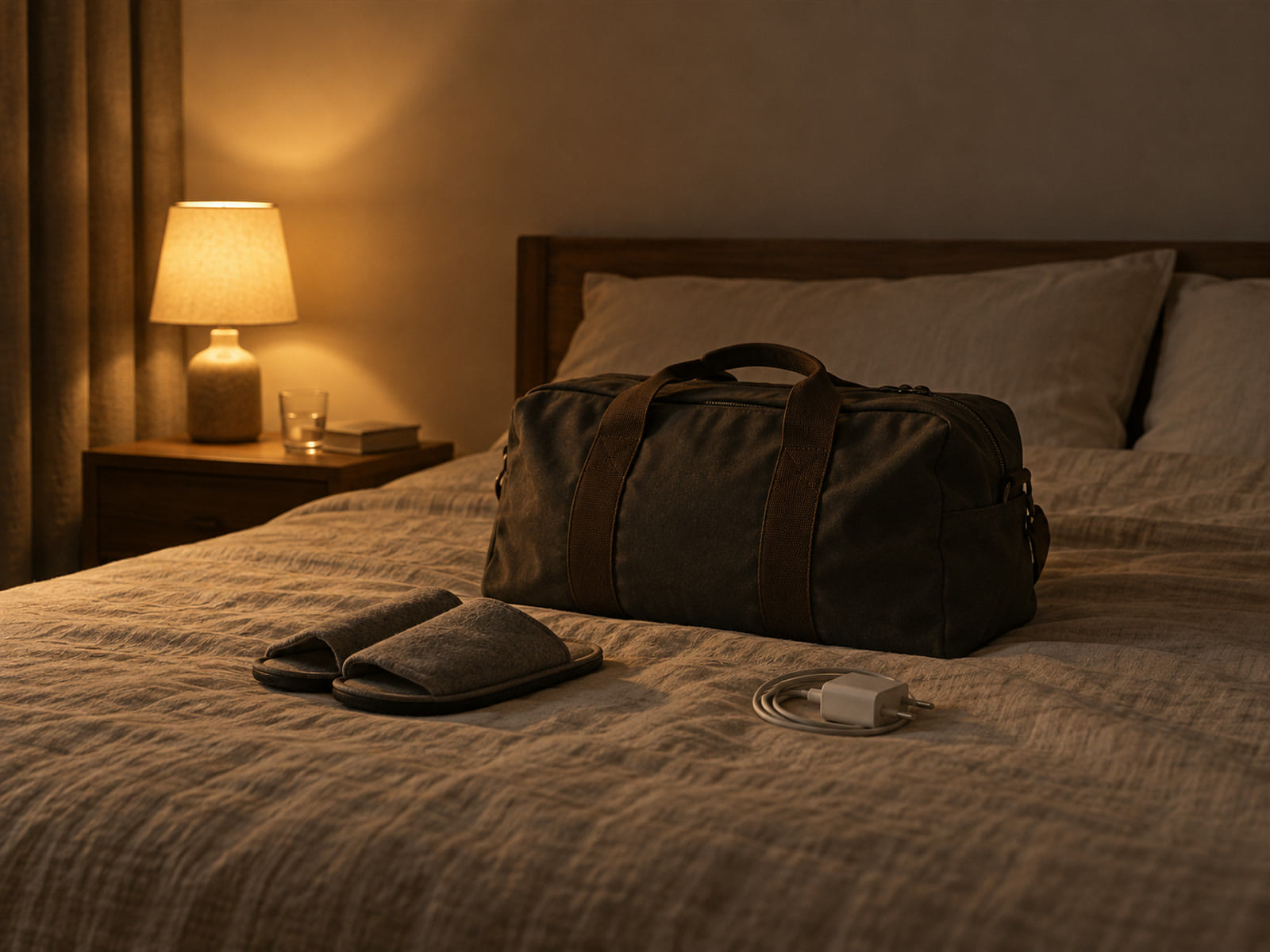 A small hospital overnight bag zipped shut on a bed, with folded slippers and a coiled phone charger beside it