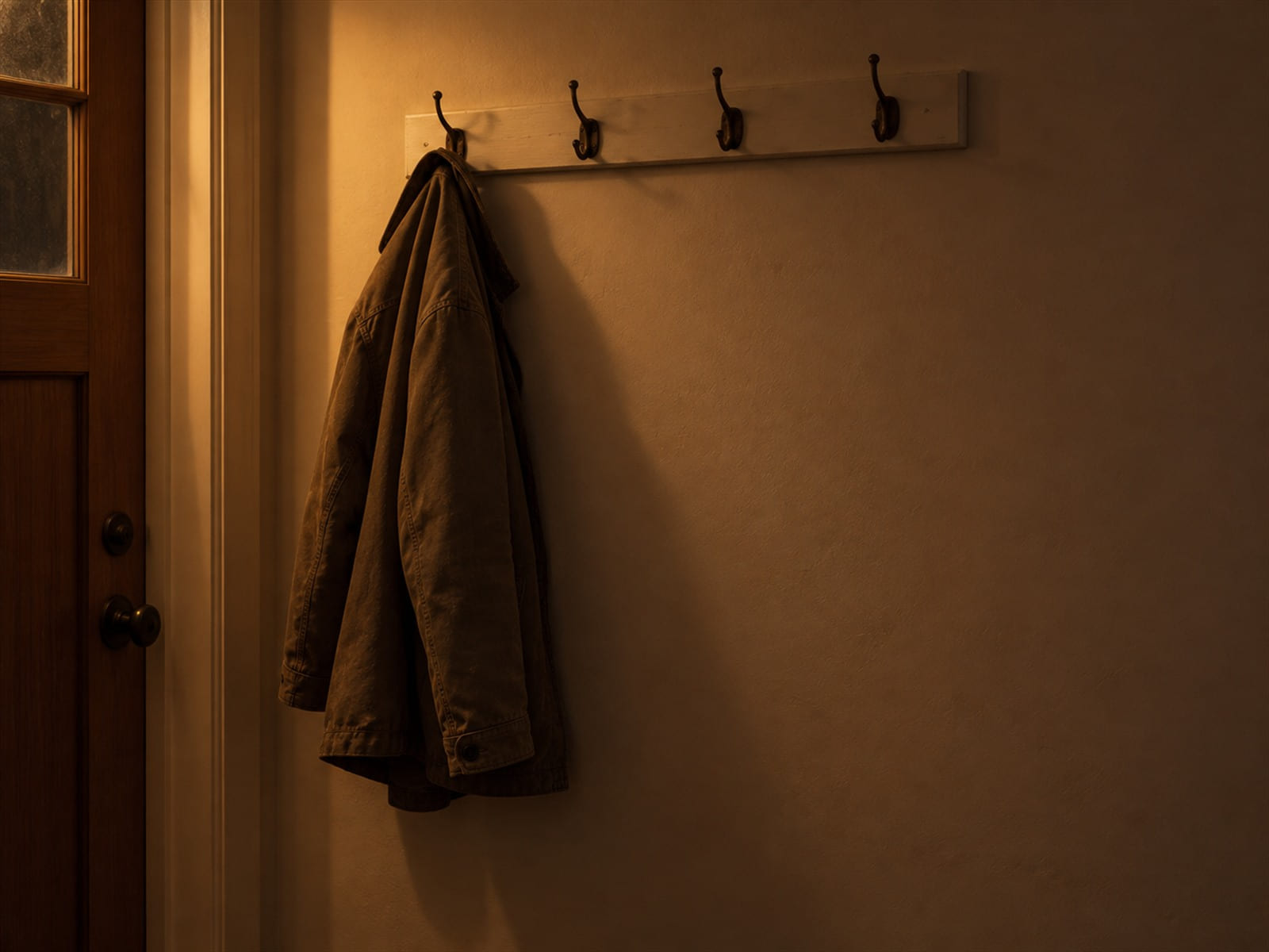 A single coat on a row of hooks by a front door, the other hooks empty