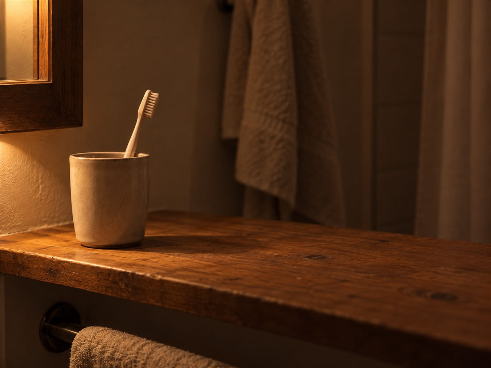 A bathroom shelf with one toothbrush in a cup and an empty space beside it