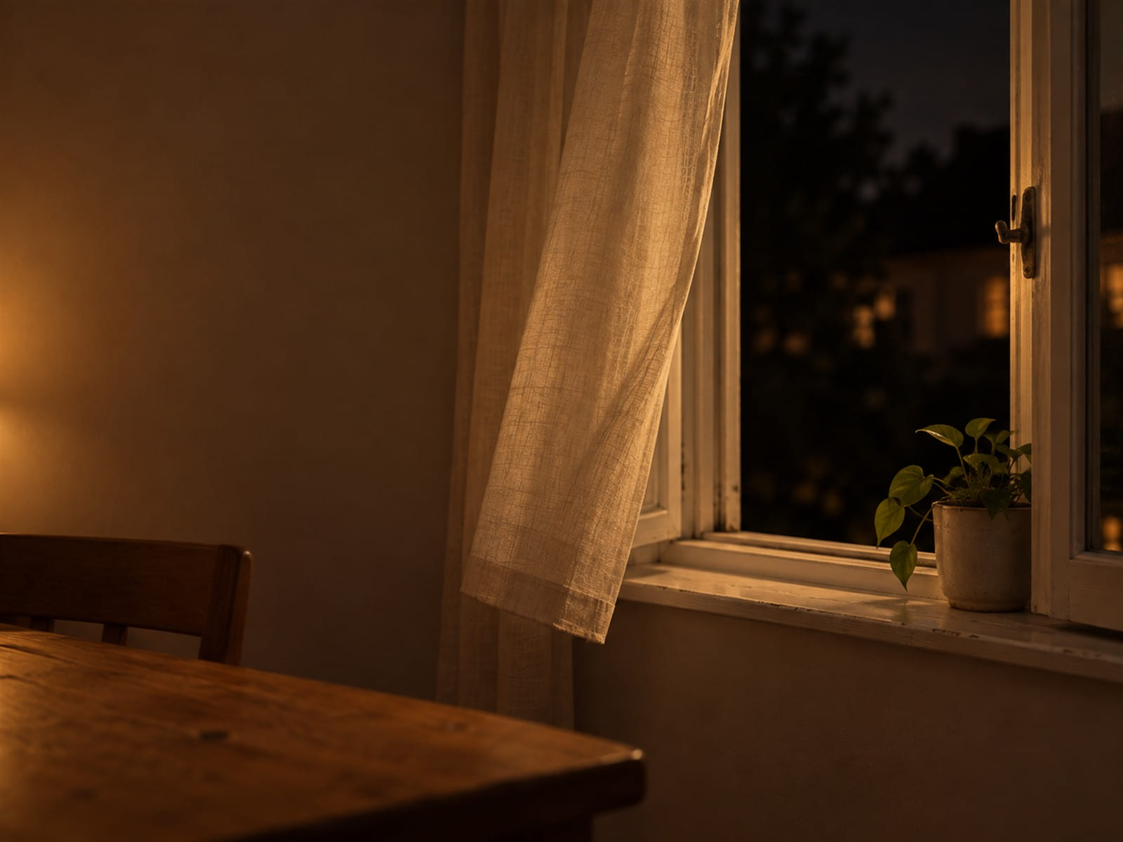 An open window with a thin curtain lifting over a small houseplant on the sill