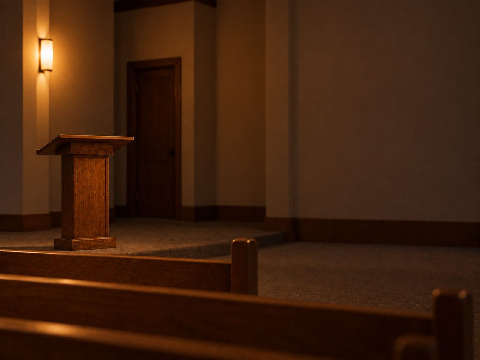 An open Bible on a lectern at the front of a quiet church