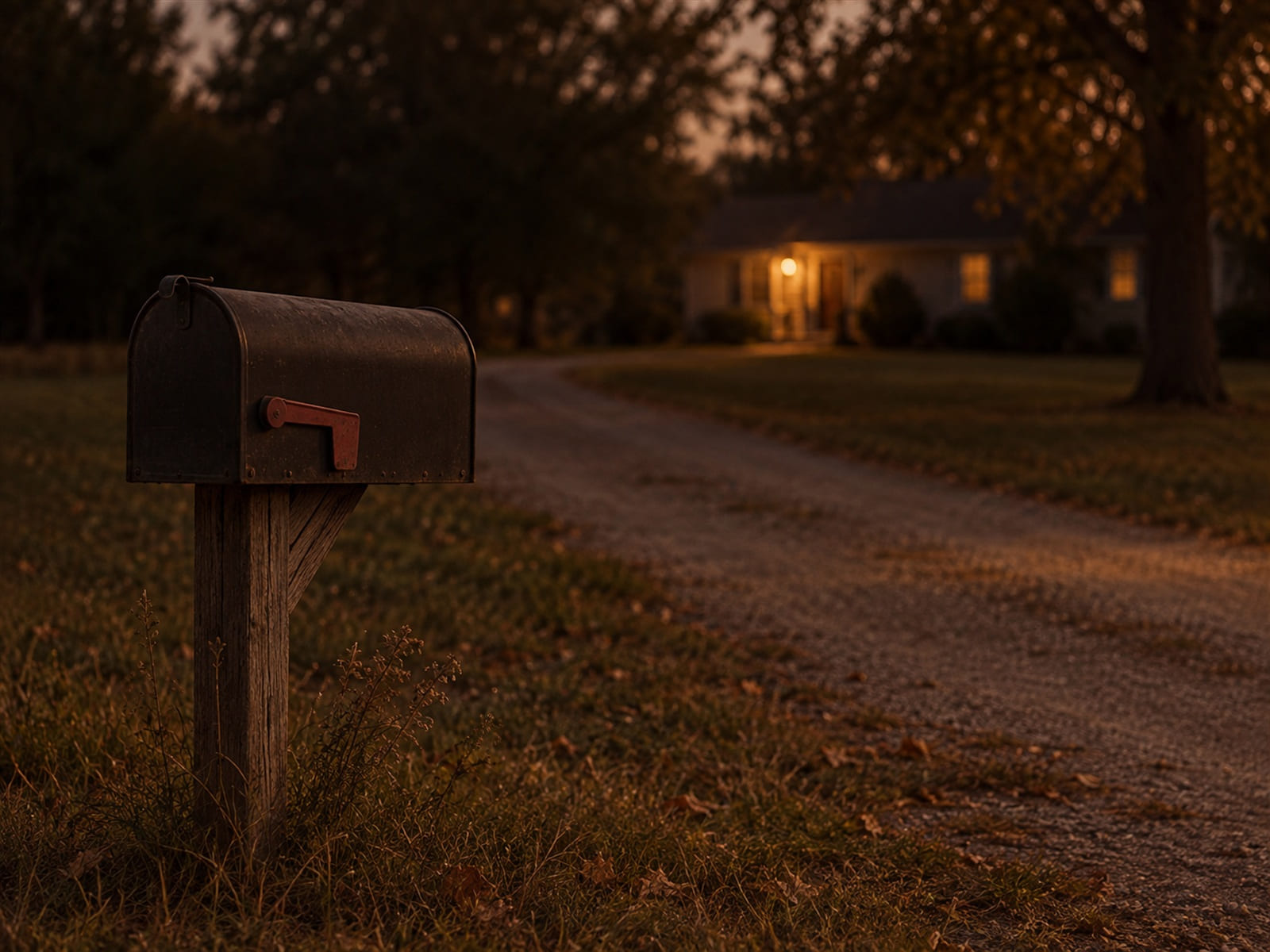 A mailbox at the end of a driveway at dusk, its flag down