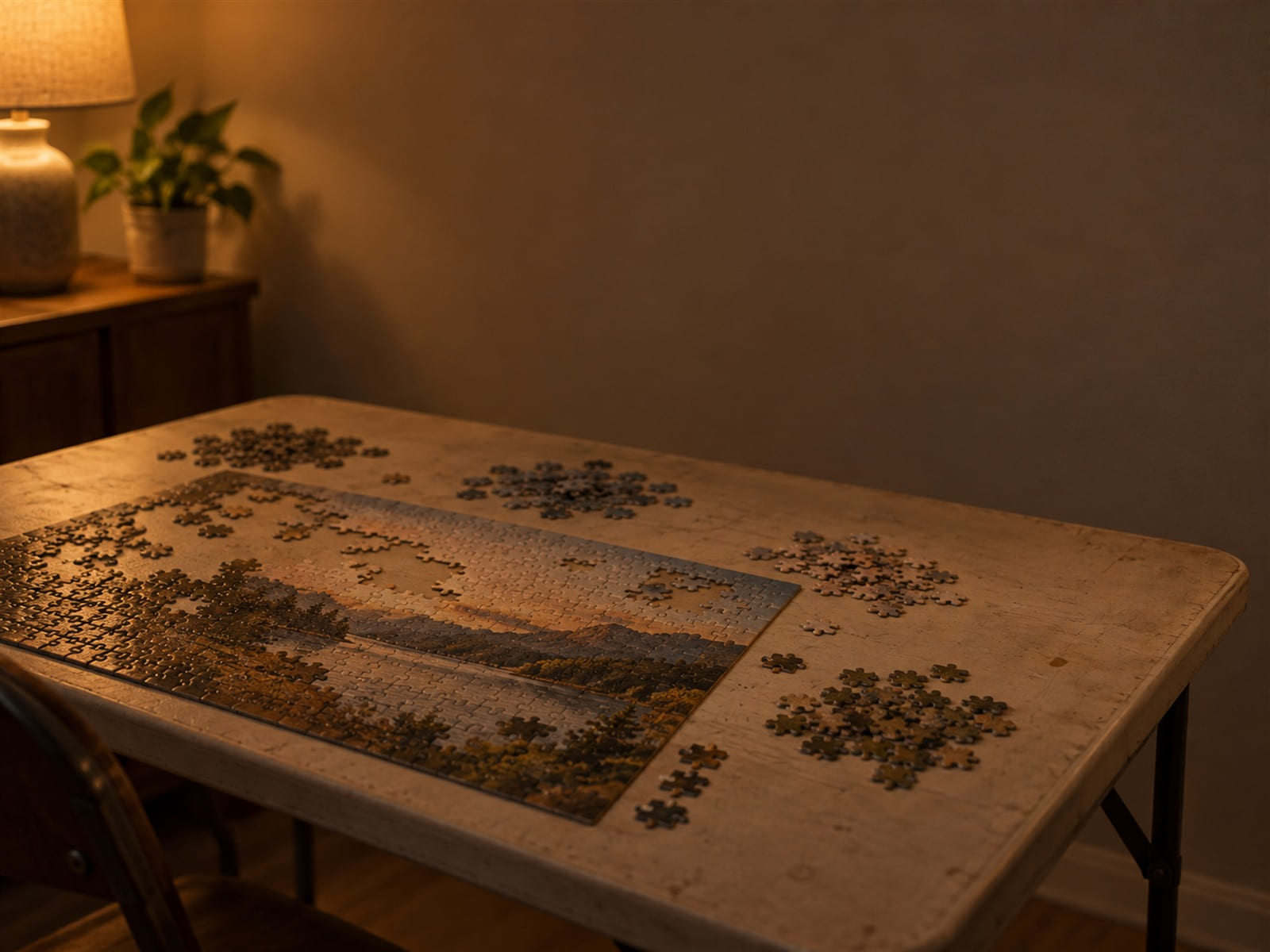 A jigsaw puzzle half finished on a folding table, the loose pieces sorted into piles
