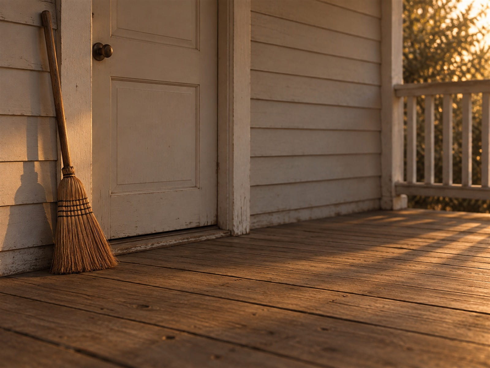 A freshly swept porch in early morning light with a broom leaning by the door