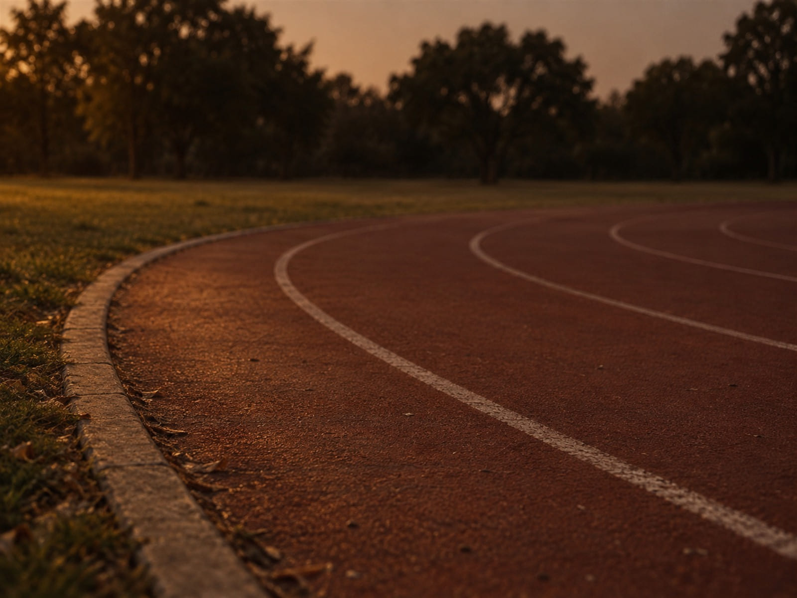 An empty running track in a park at dusk