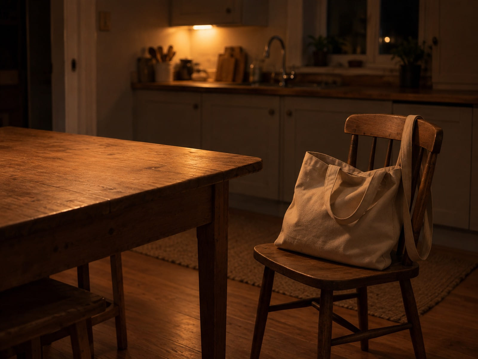 A heavy bag set down on a kitchen chair with its strap slipped off