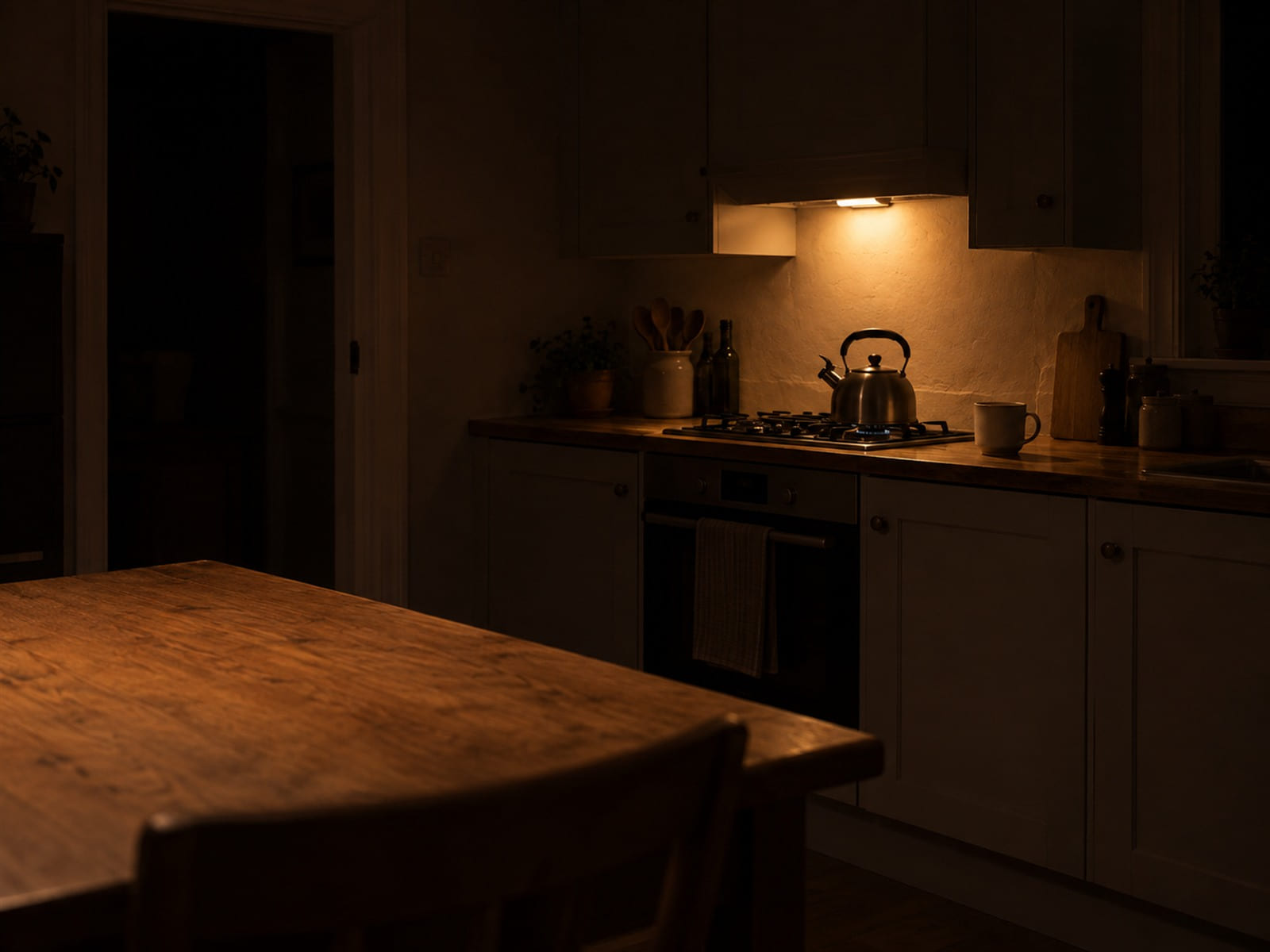 A kettle on a stove at night with one mug beside it and a small light on over the hob