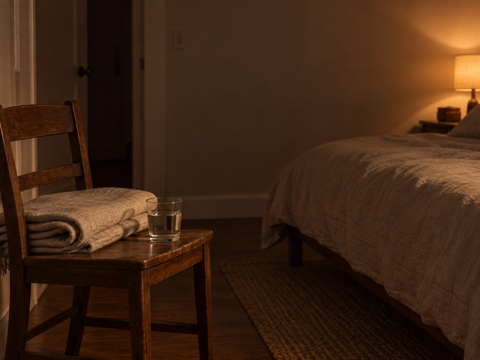 A folded blanket and a glass of water on a wooden chair by a bed