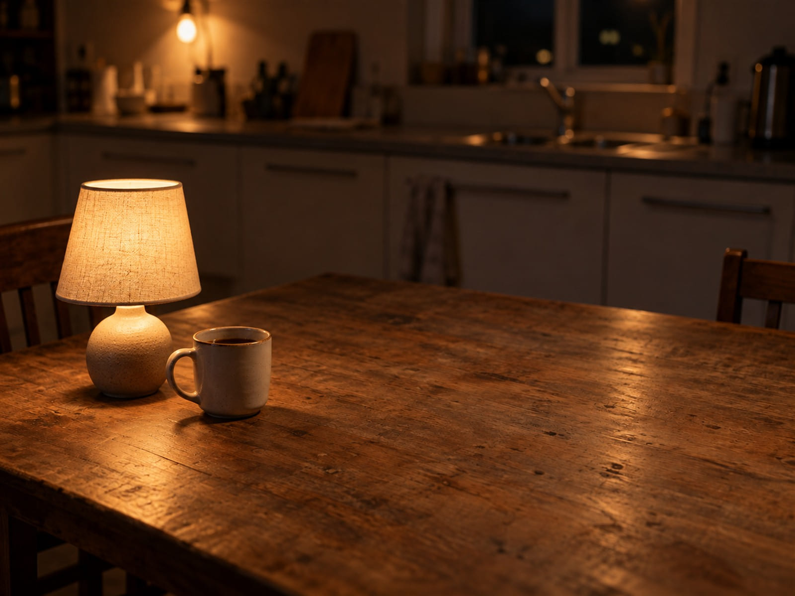 A single mug beside a small lamp on a kitchen table late at night