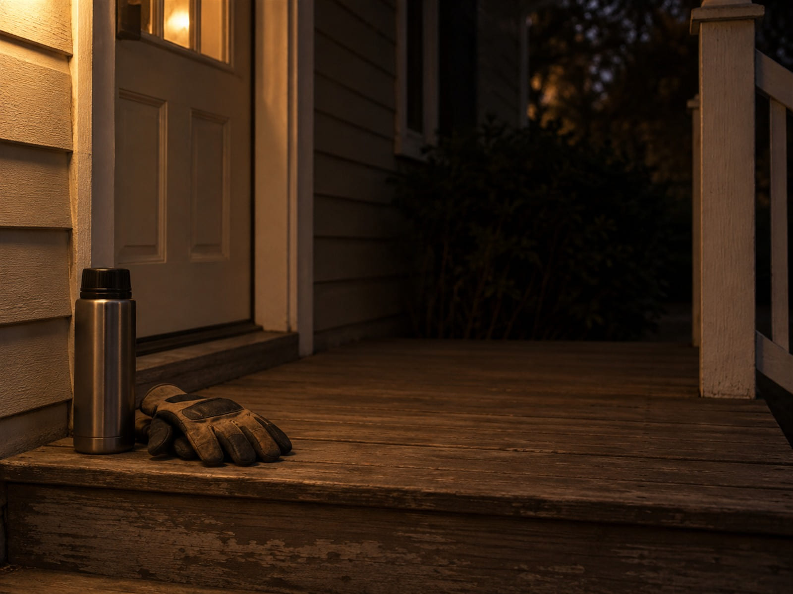 A pair of work gloves and a thermos left on a porch step at dusk