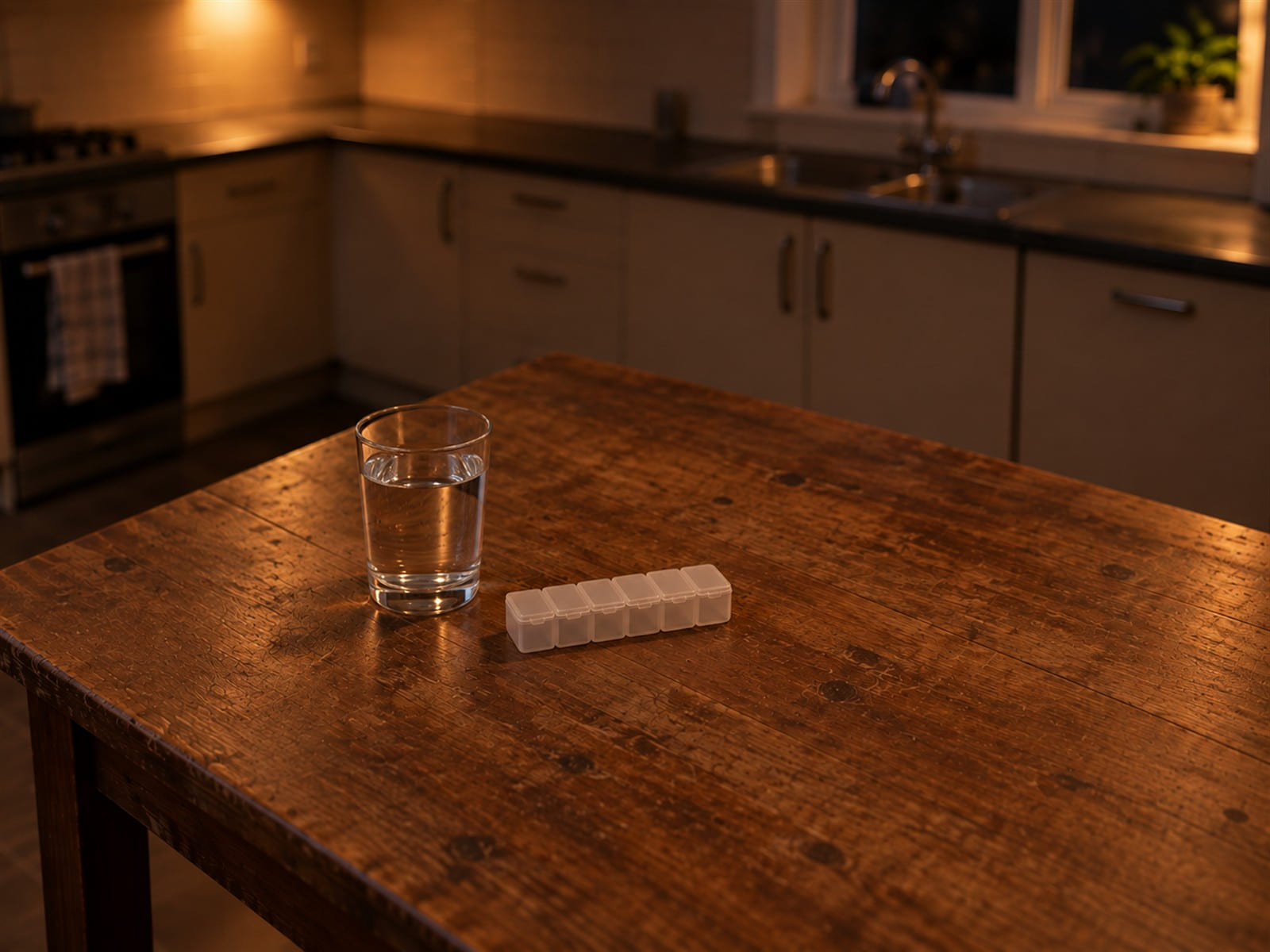 A pill organizer with unmarked lids beside a glass of water on a kitchen counter at night