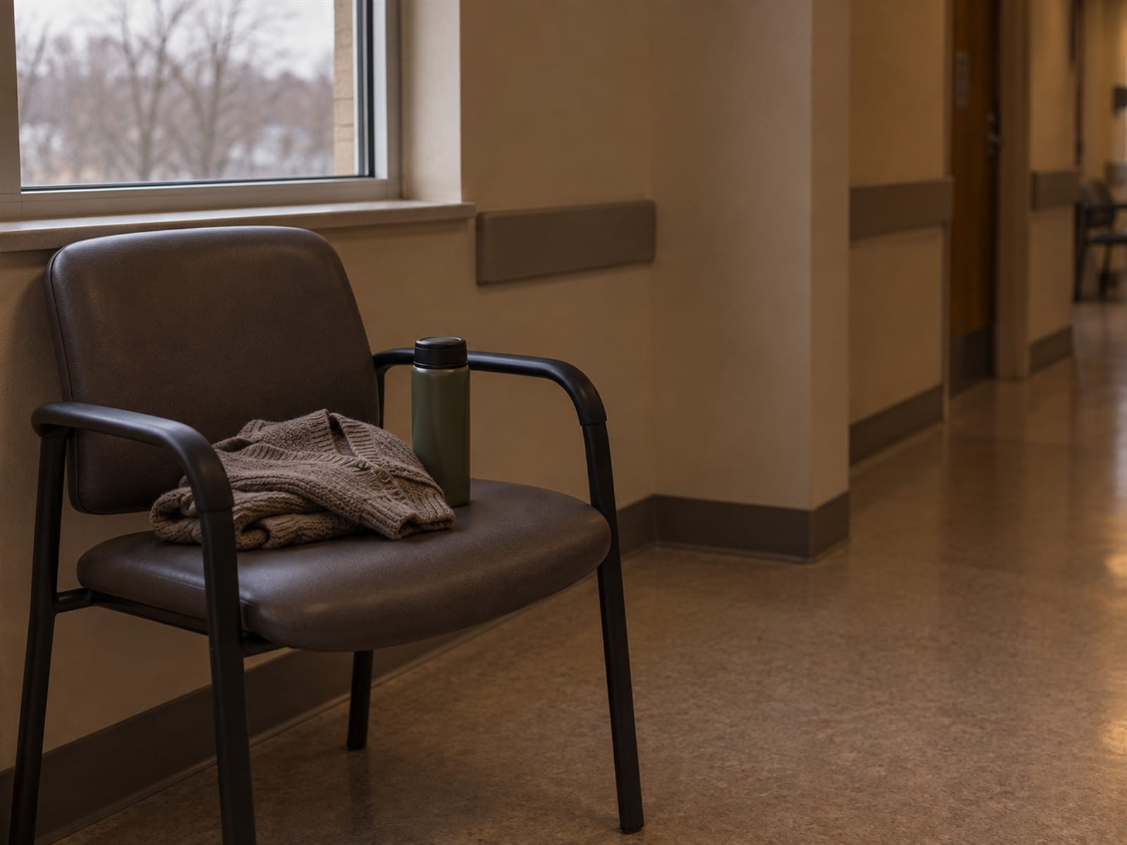 A folded cardigan and a thermos resting on an empty vinyl chair beside a window