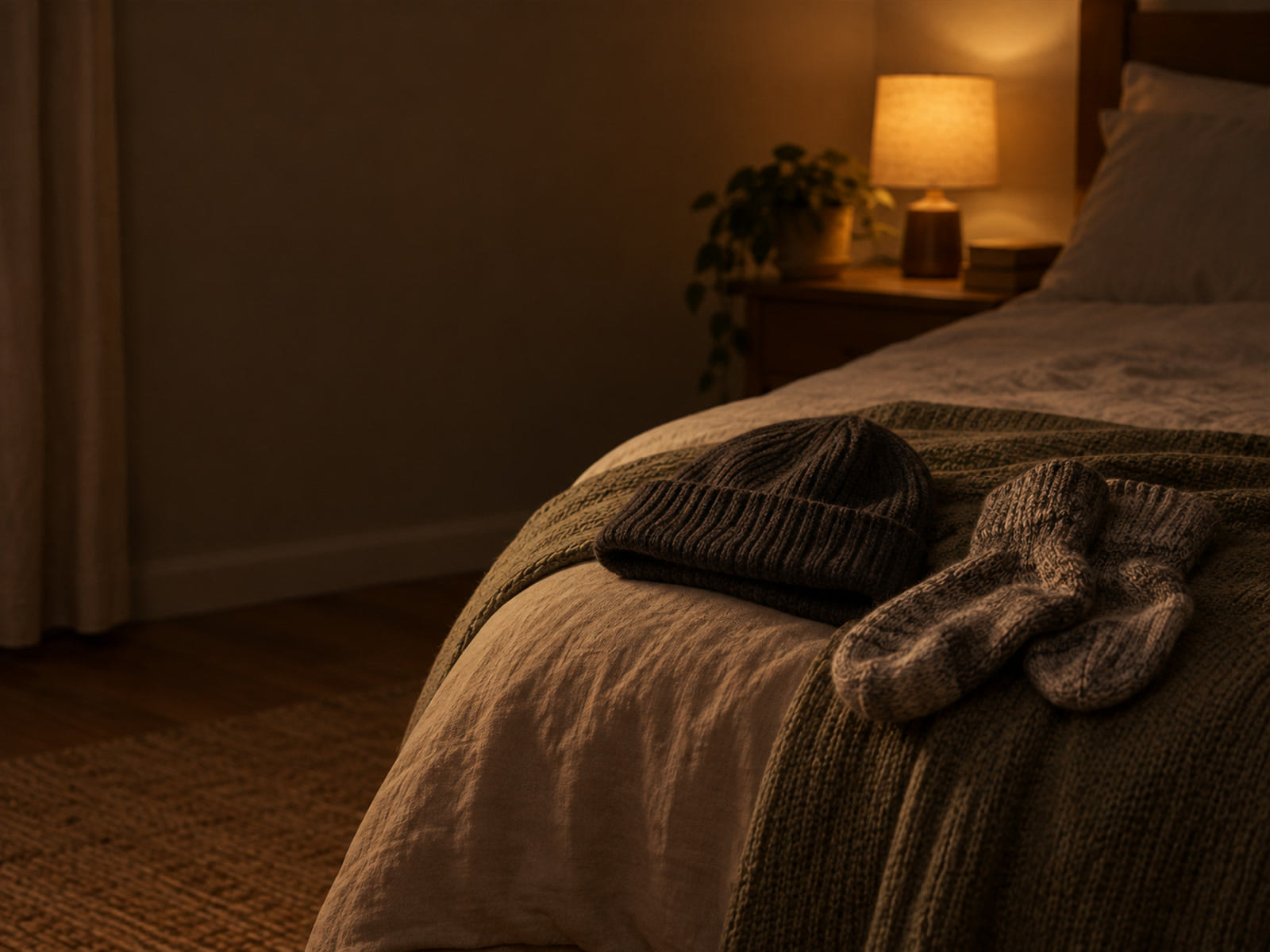 A wool beanie and a pair of thick socks on the edge of a bed at night