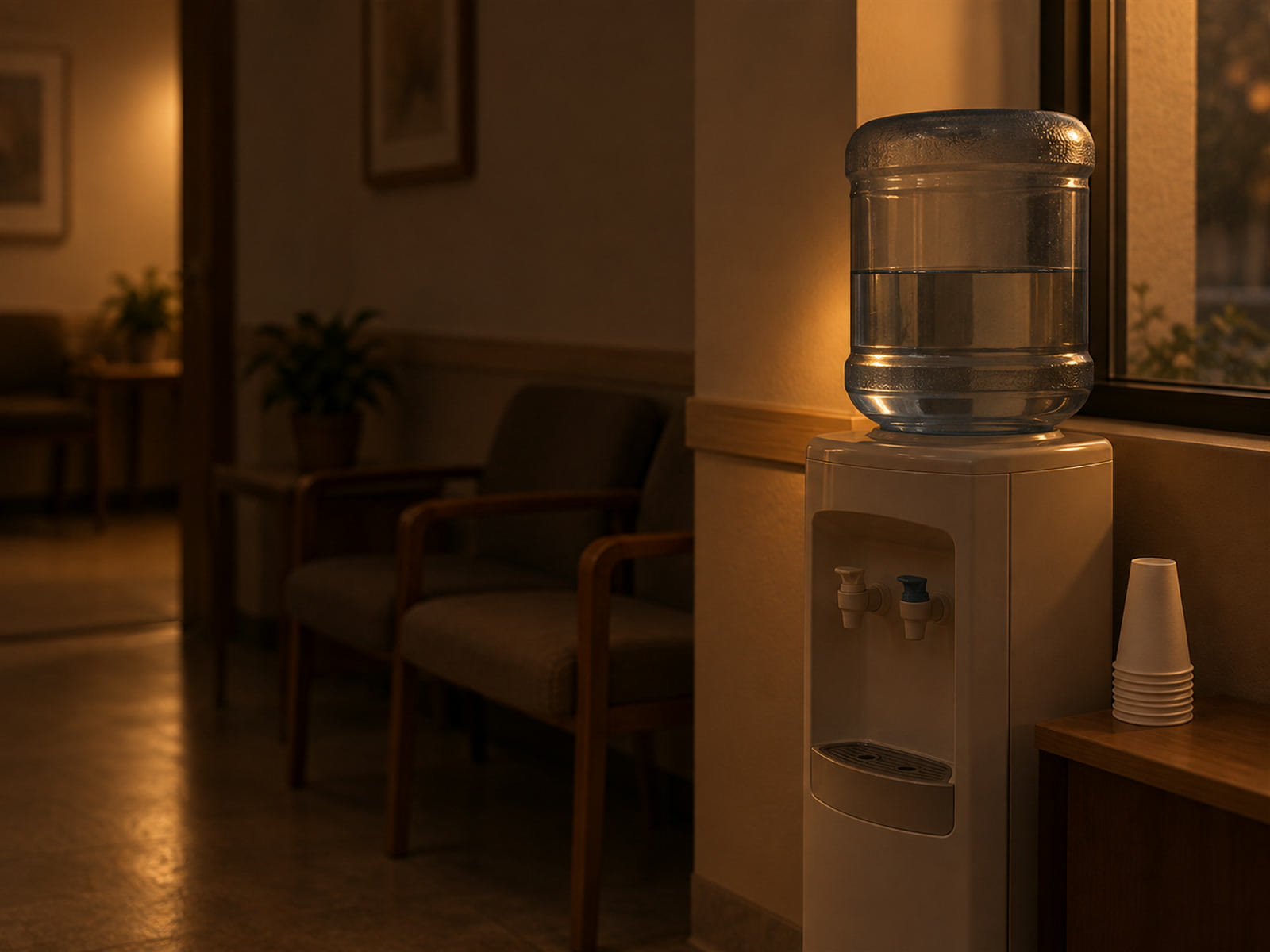 A water cooler with a stack of paper cones beside a window in a quiet clinic