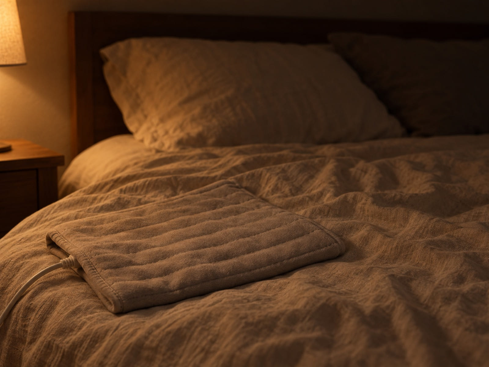 A heating pad folded on a rumpled bed in low evening light