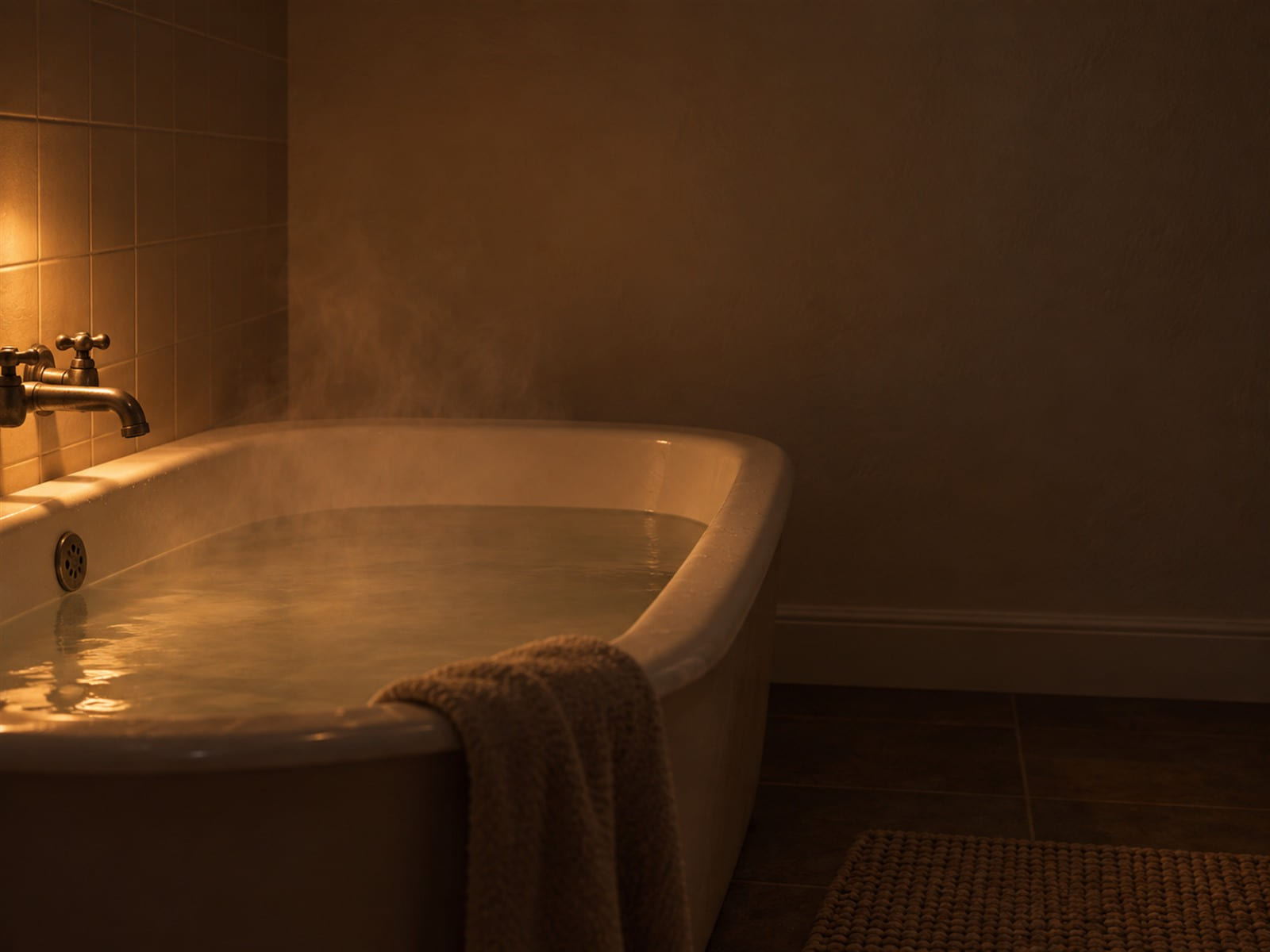 A bathtub filled with warm water, steam rising in a quiet bathroom