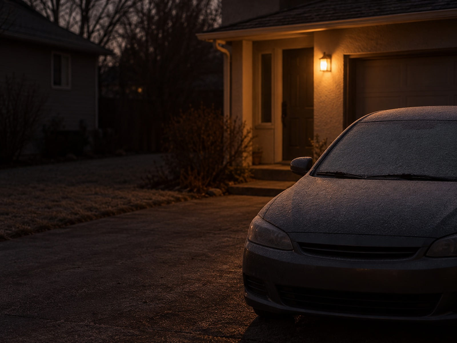 A car parked in a driveway at first light, frost on the windshield and the porch light still on
