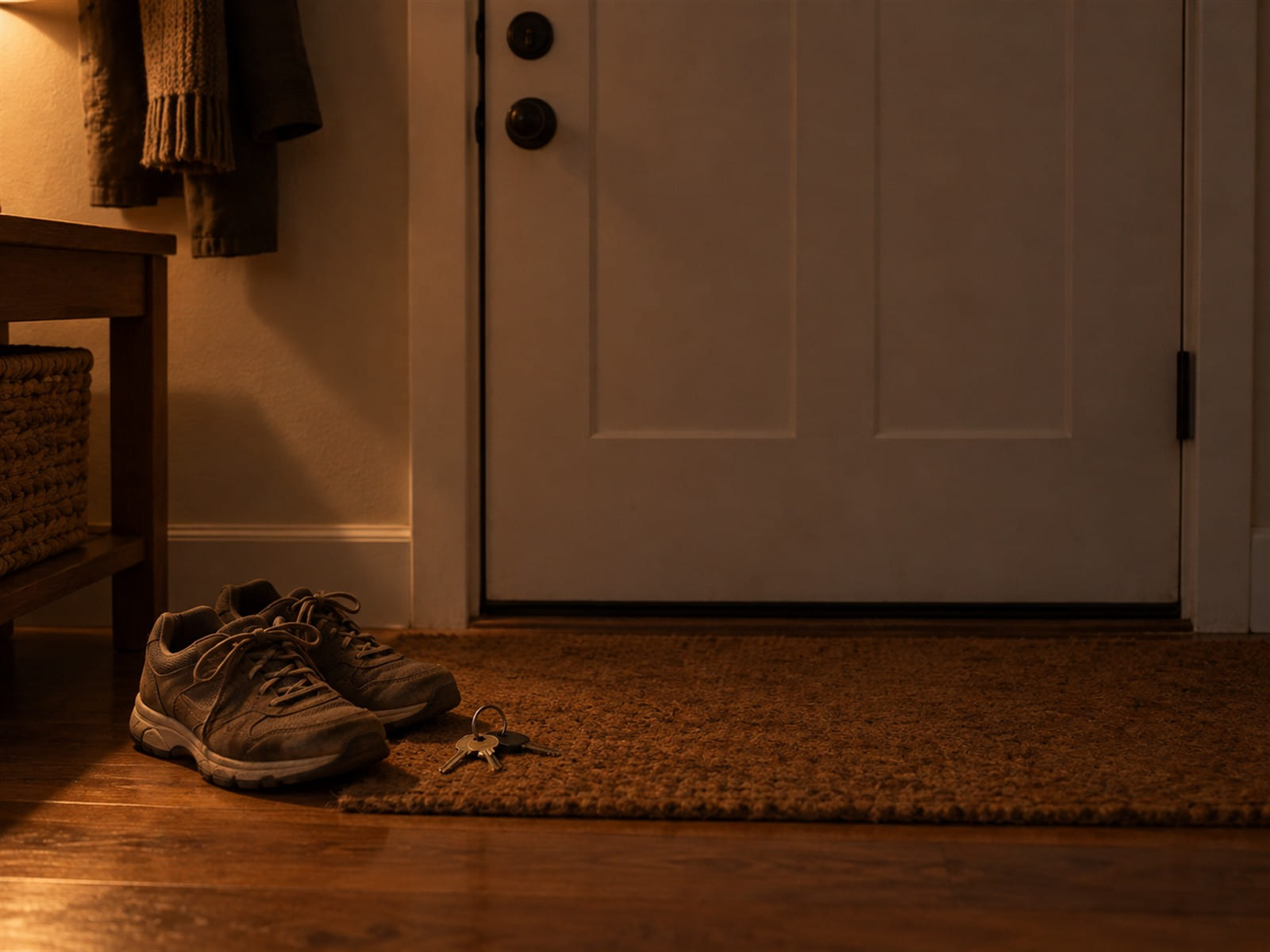 A pair of shoes by a front door with a set of keys resting on the mat beside them