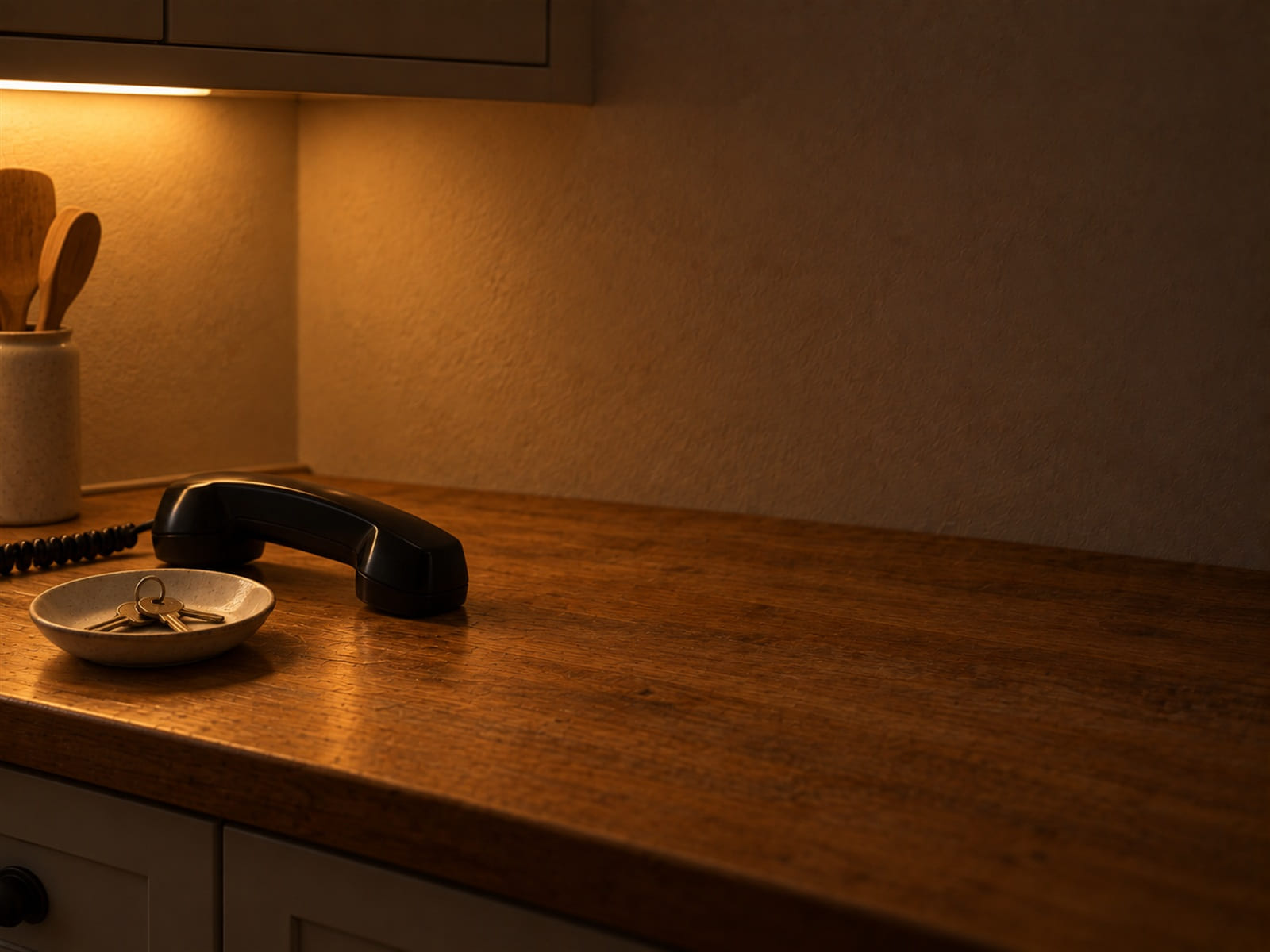 A telephone on a kitchen counter beside a handwritten list of numbers