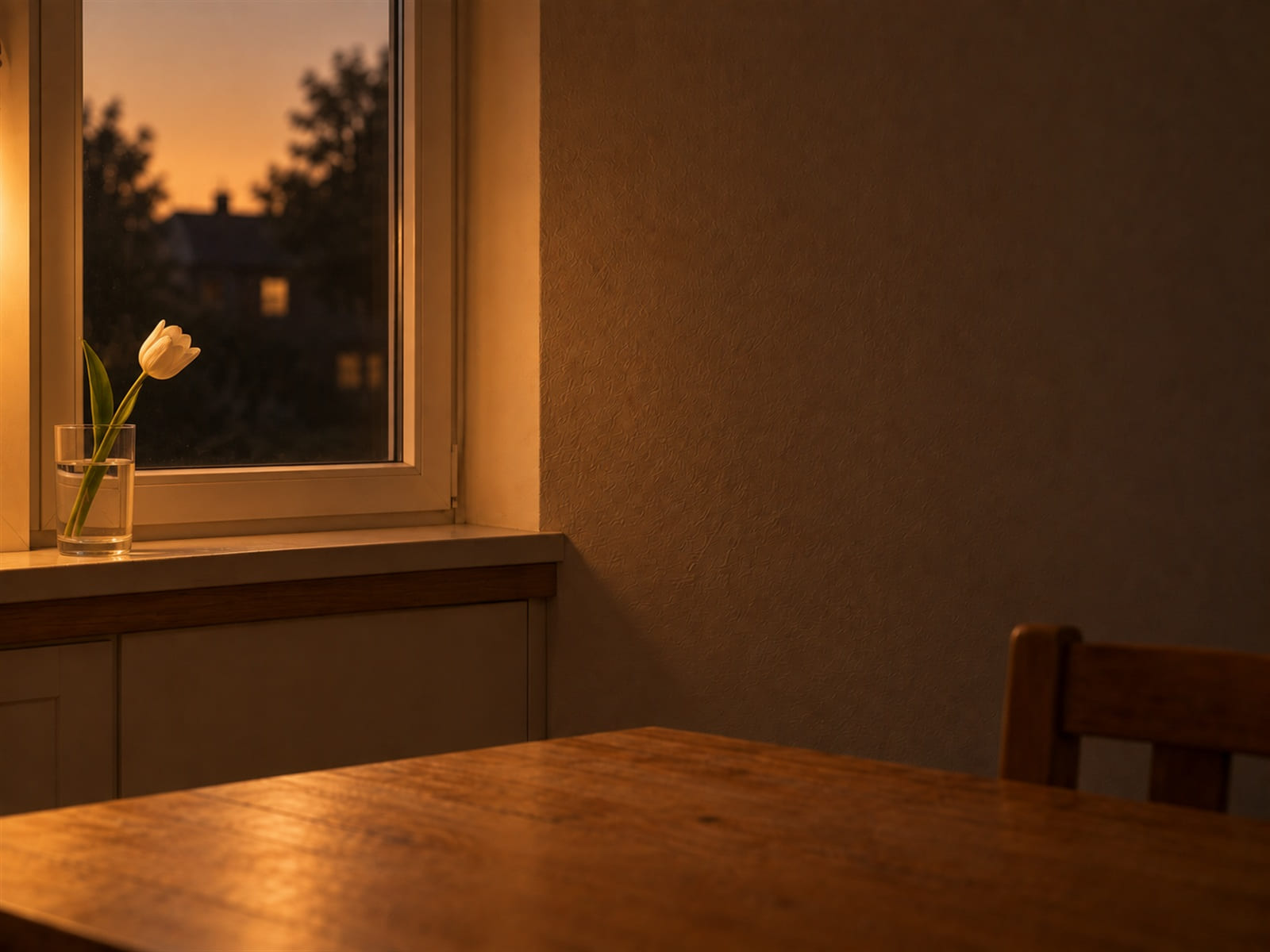 A single spring flower in a small glass on a windowsill