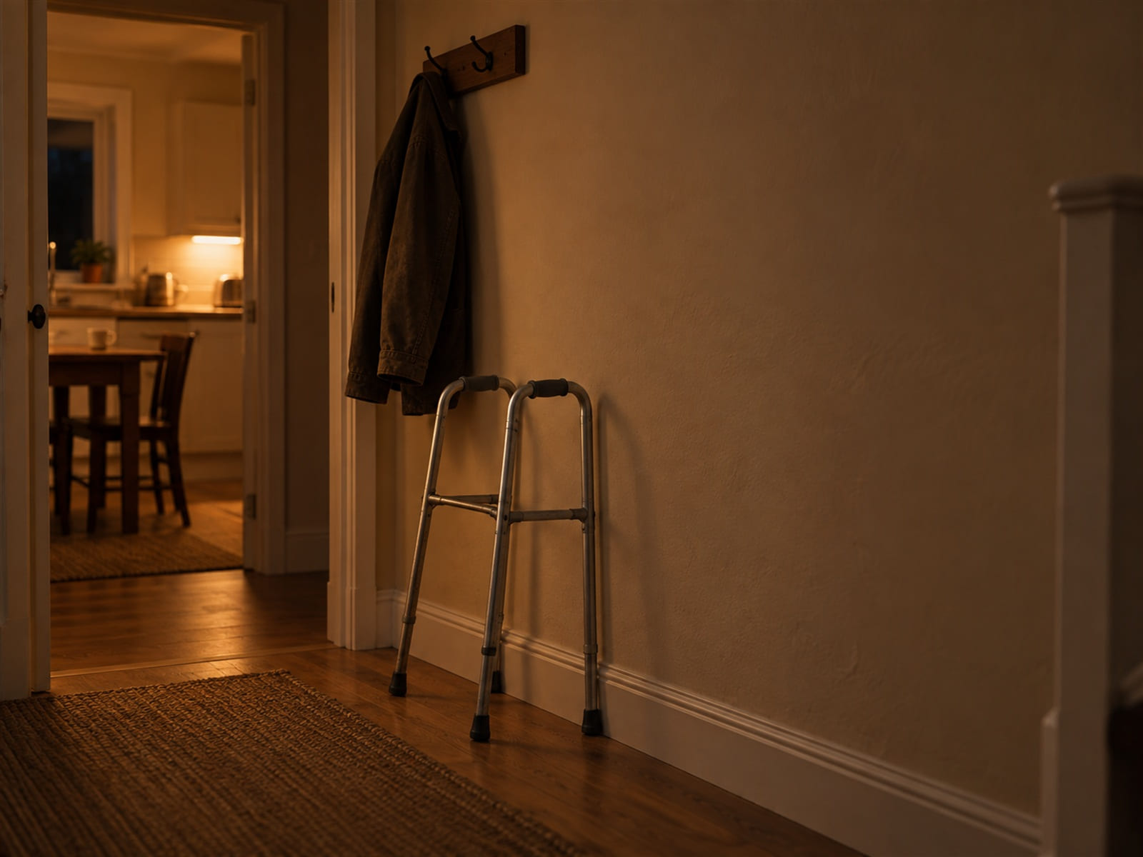 A hallway at dusk with a coat hook, a walking frame and a light left on in the next room