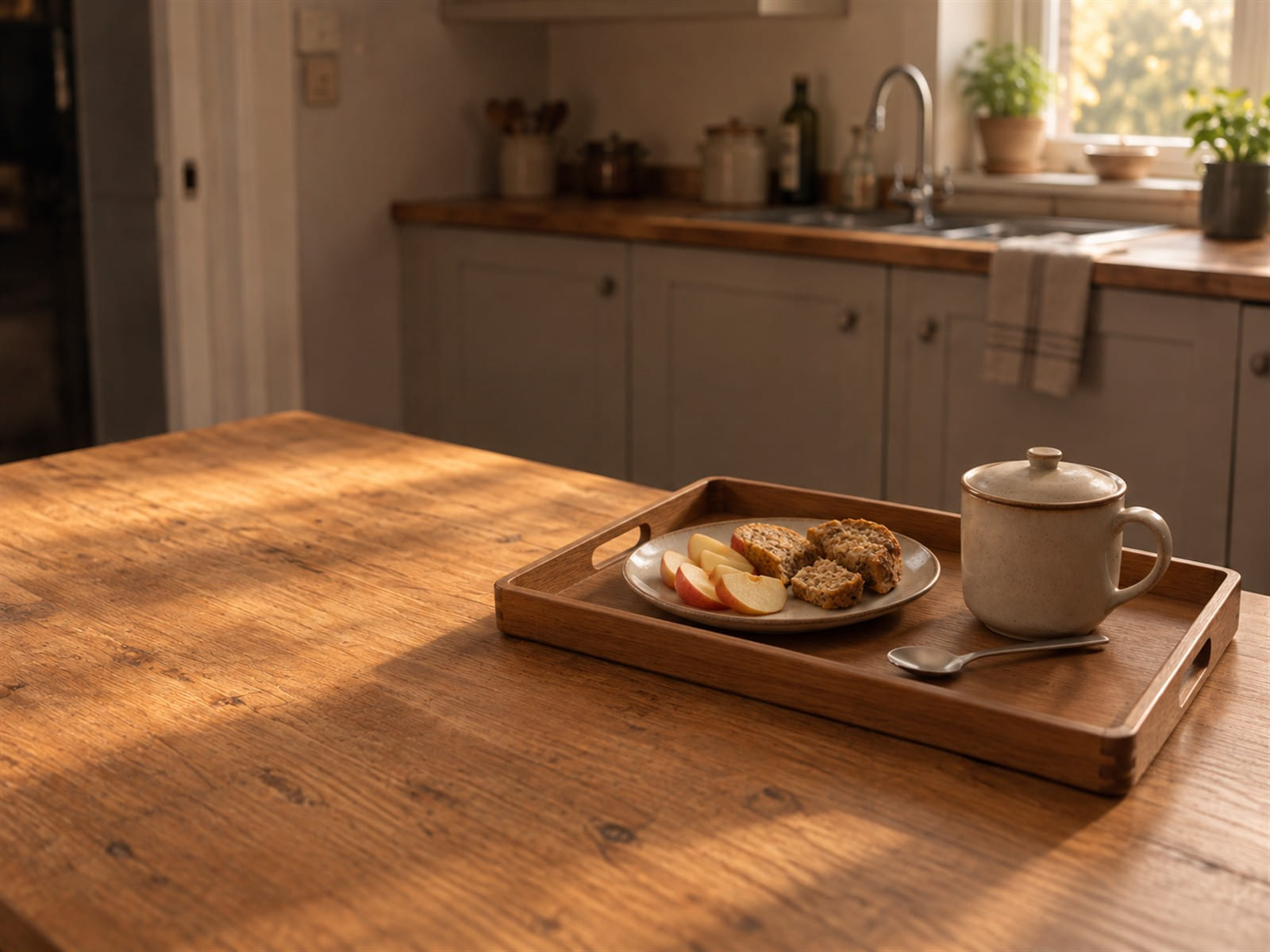 A tray on a kitchen worktop laid for someone else, with a lidded cup, a small plate of food cut into pieces and a spoon