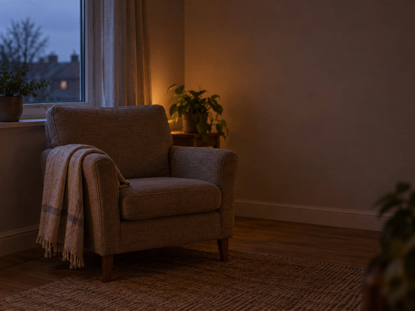 An empty armchair by a window before dawn, a folded blanket over one arm
