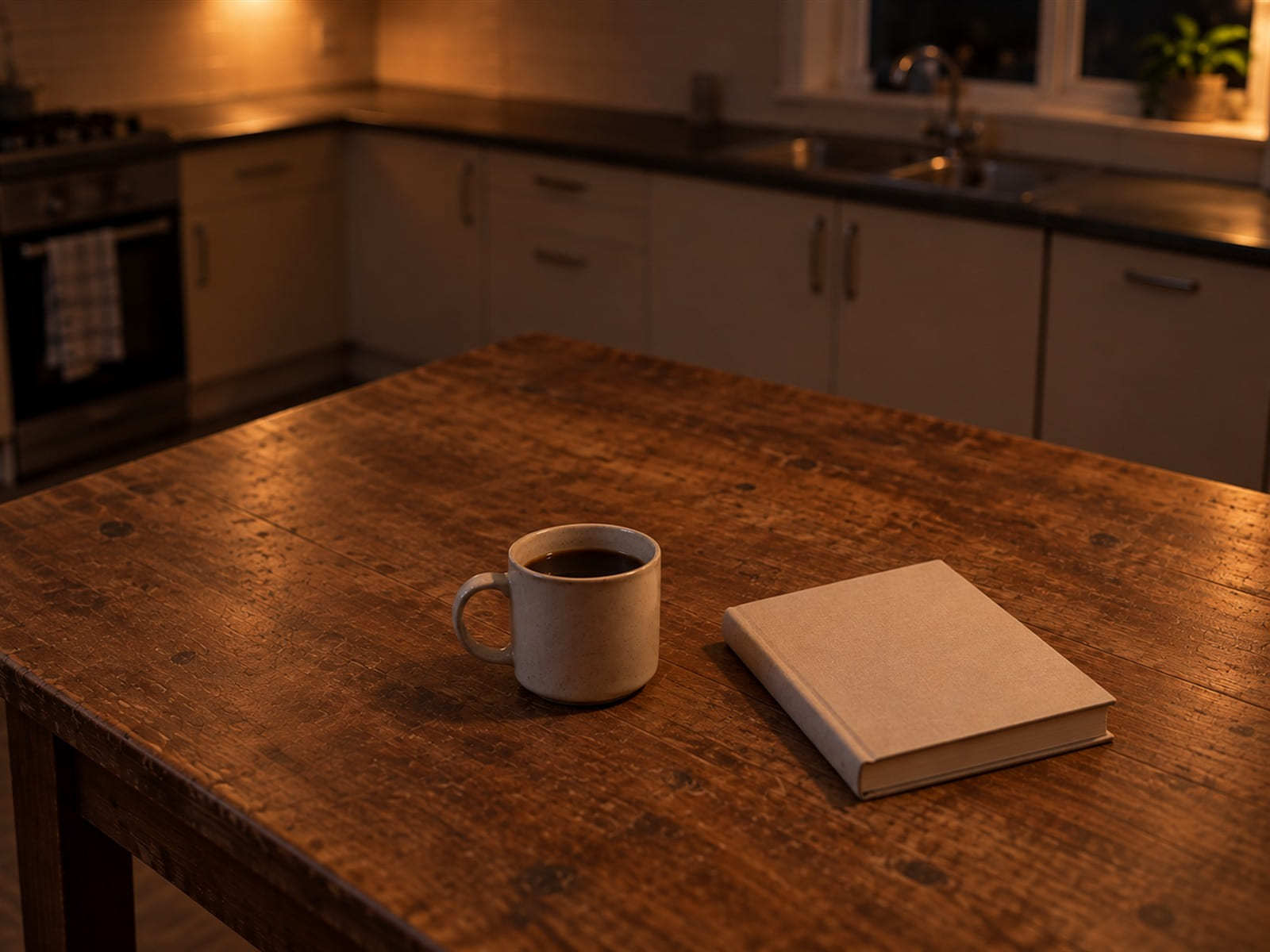 A closed book with a plain cover beside a cooling mug on a kitchen table at night