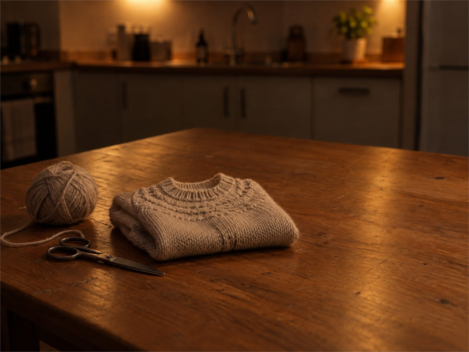 A small folded knitted sweater on a wooden table beside a ball of wool and a pair of scissors