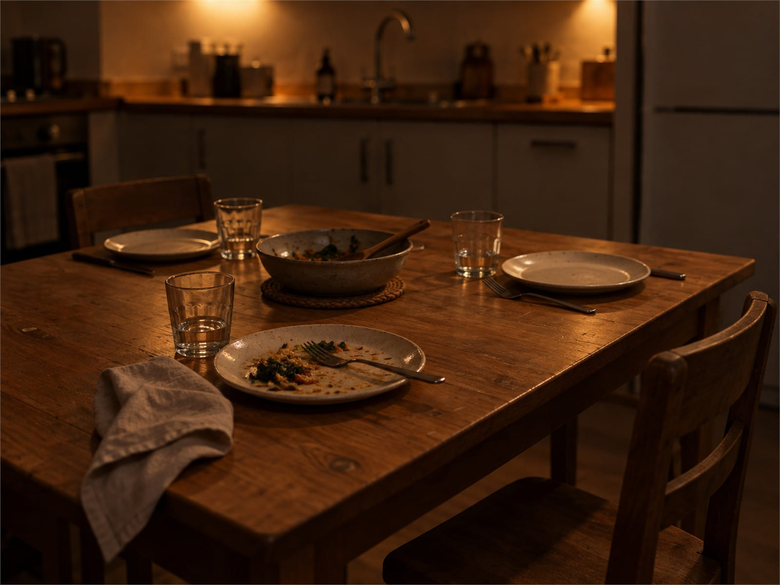 A kitchen table set for three at dinner time, with one chair pulled out and one plate used