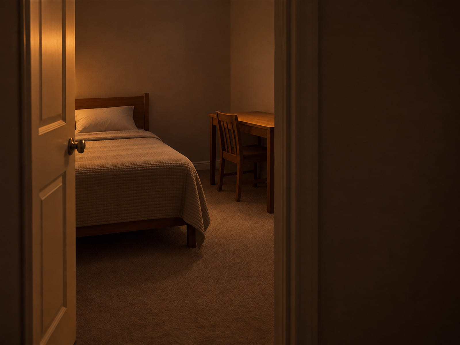 An open bedroom door onto a neatly made single bed and a cleared desk, lit by a lamp in the hall