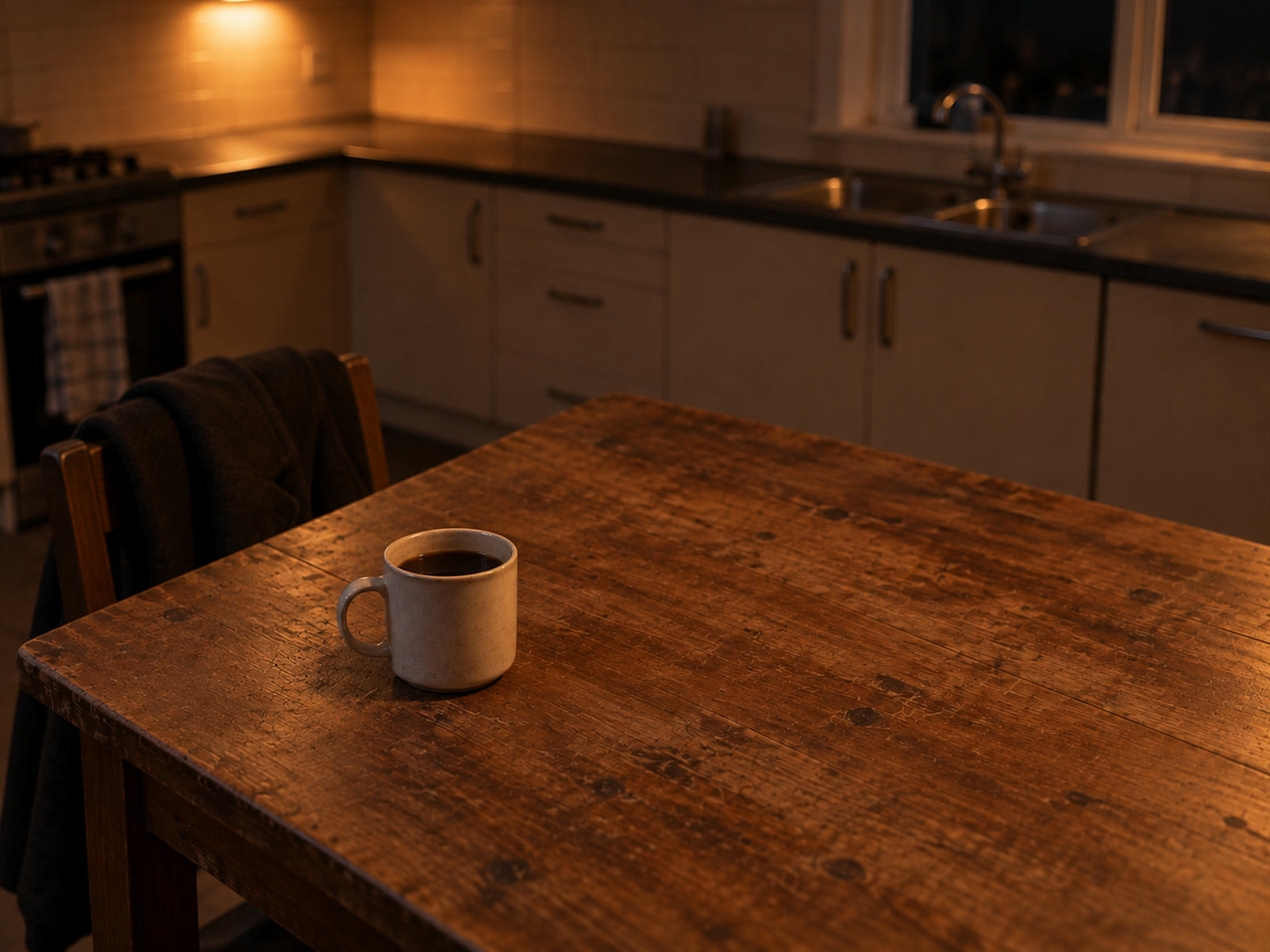 Una sola taza sobre la mesa de una cocina bajo una lámpara, un abrigo todavía sobre la silla y el resto del cuarto a oscuras