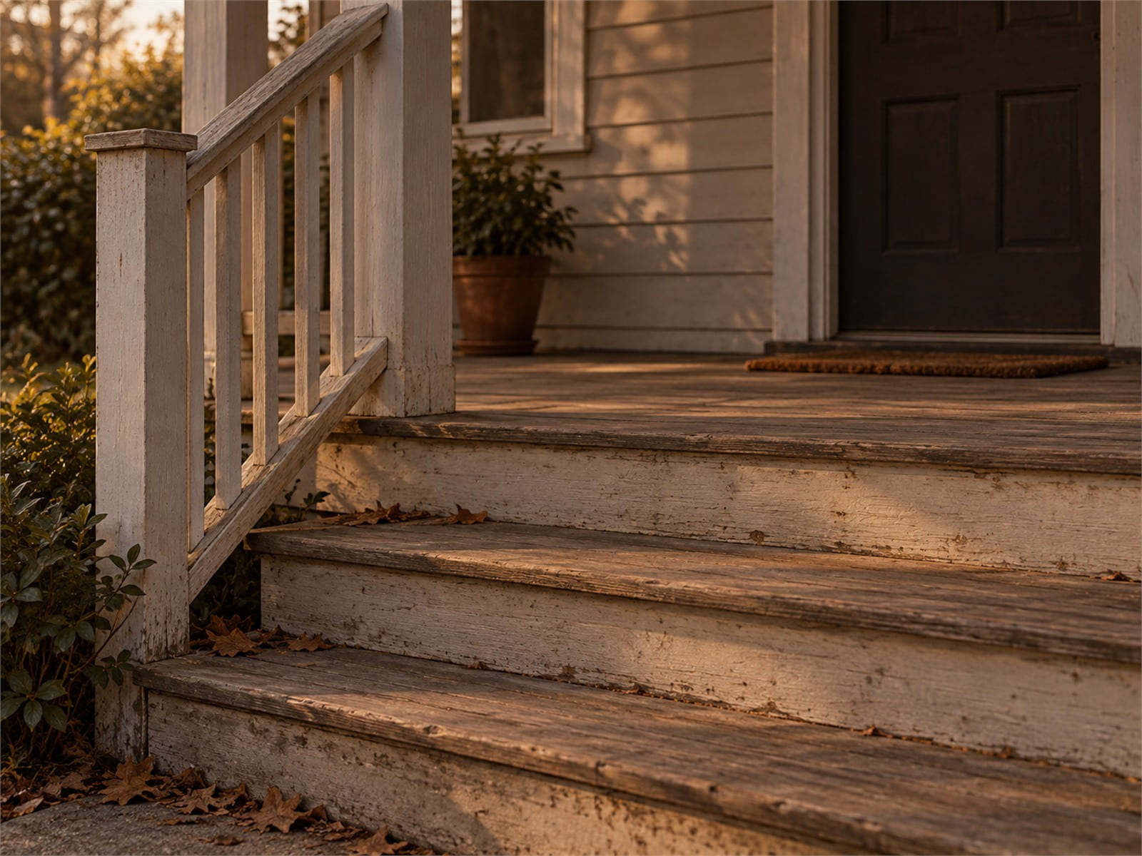 Wide wooden porch steps outside a family house, empty, in late afternoon light