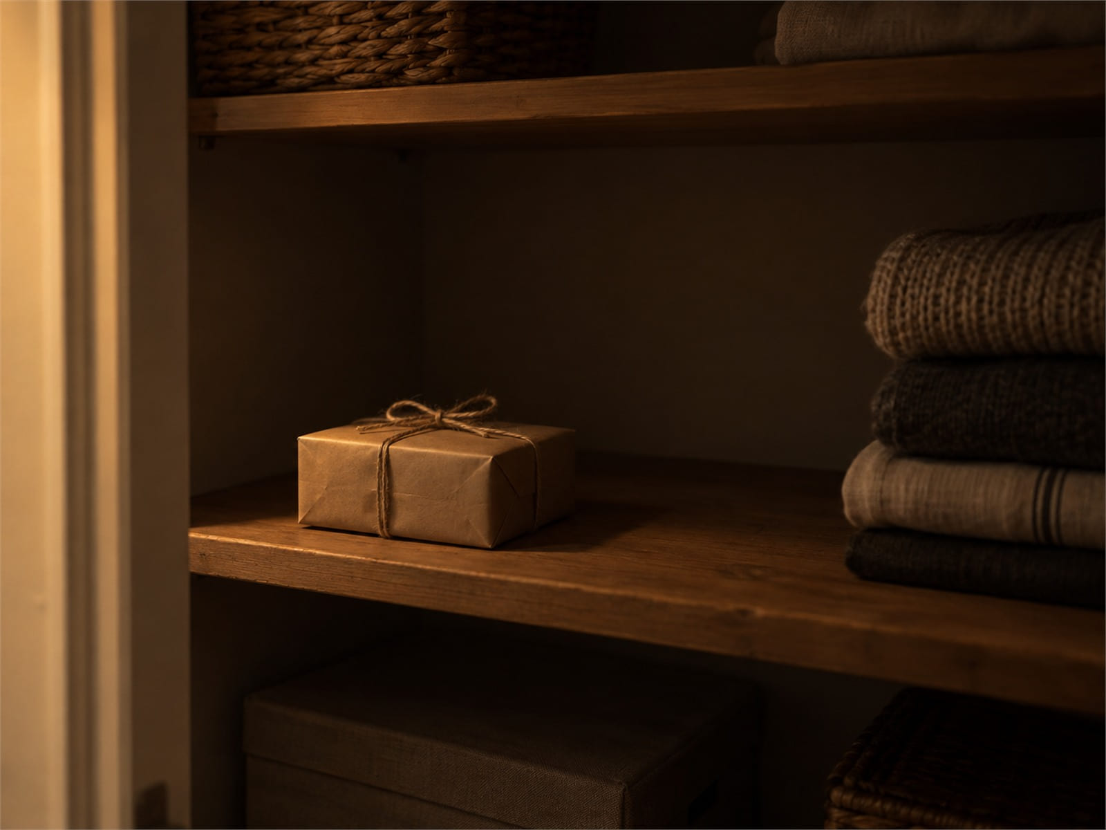 A small gift wrapped in plain brown paper and string, sitting on a closet shelf