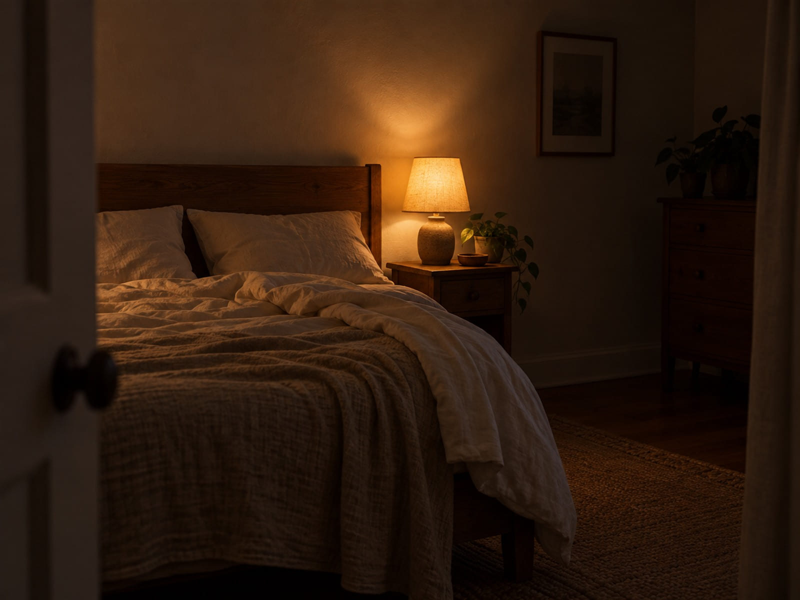 A bedside lamp left on in an otherwise dark bedroom, the covers turned back