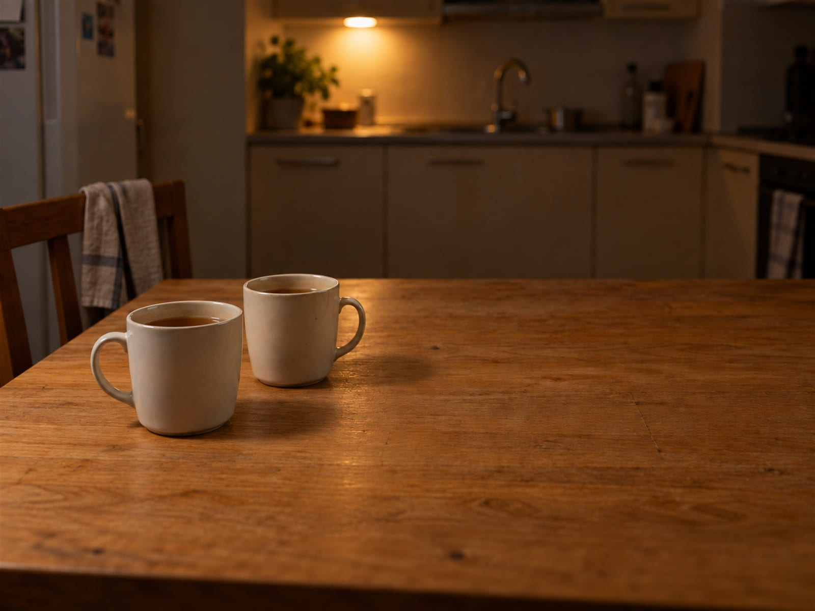 Two cups of tea on a table by a window, one of them untouched