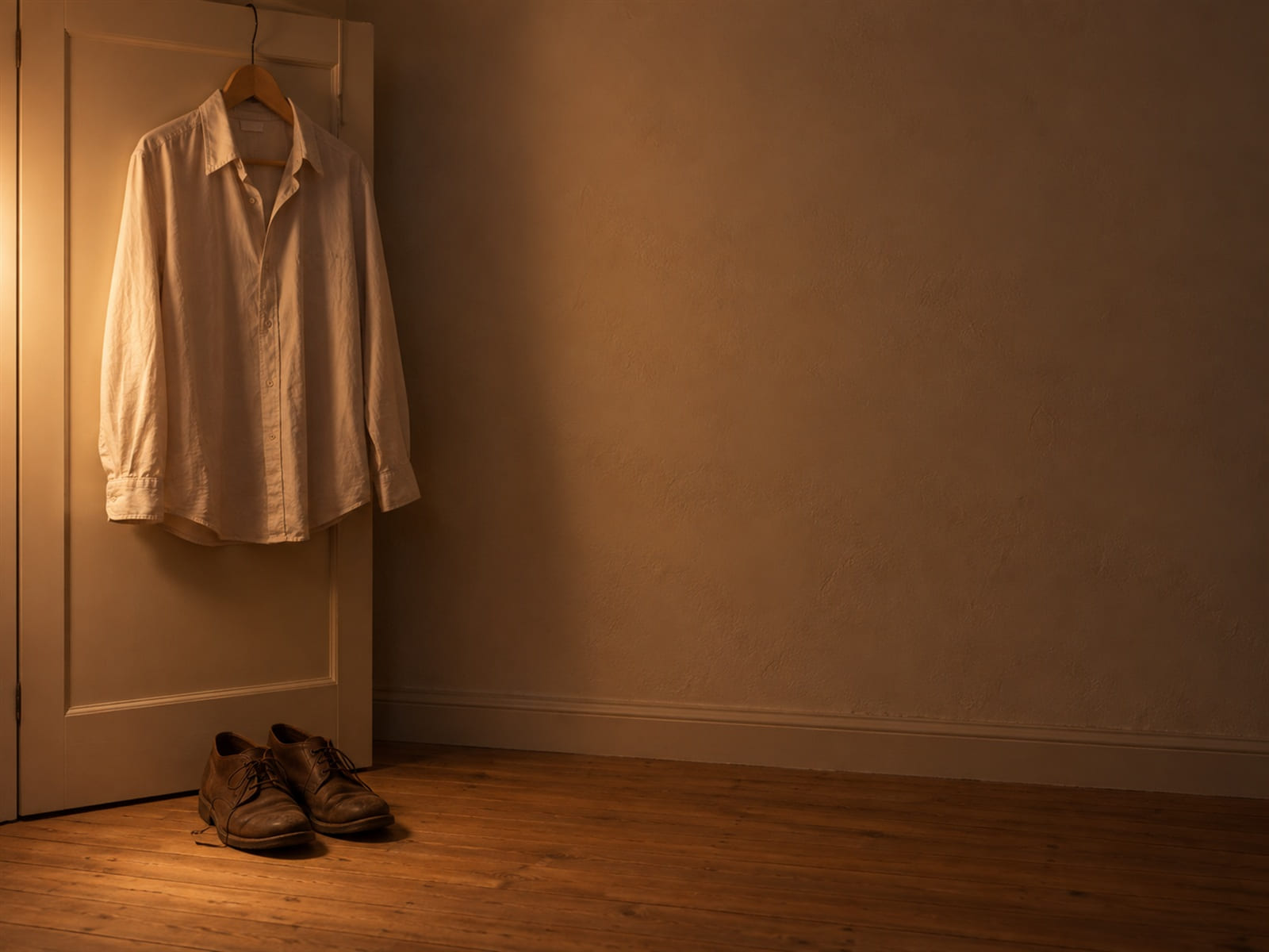 A pressed shirt hanging on a wardrobe door the night before, with shoes set out beneath it