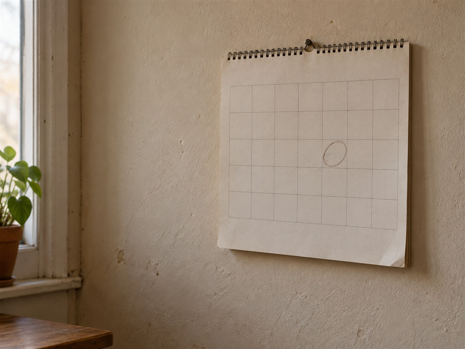 A calendar on a wall with one date circled a few days ahead, the rest of the month blank