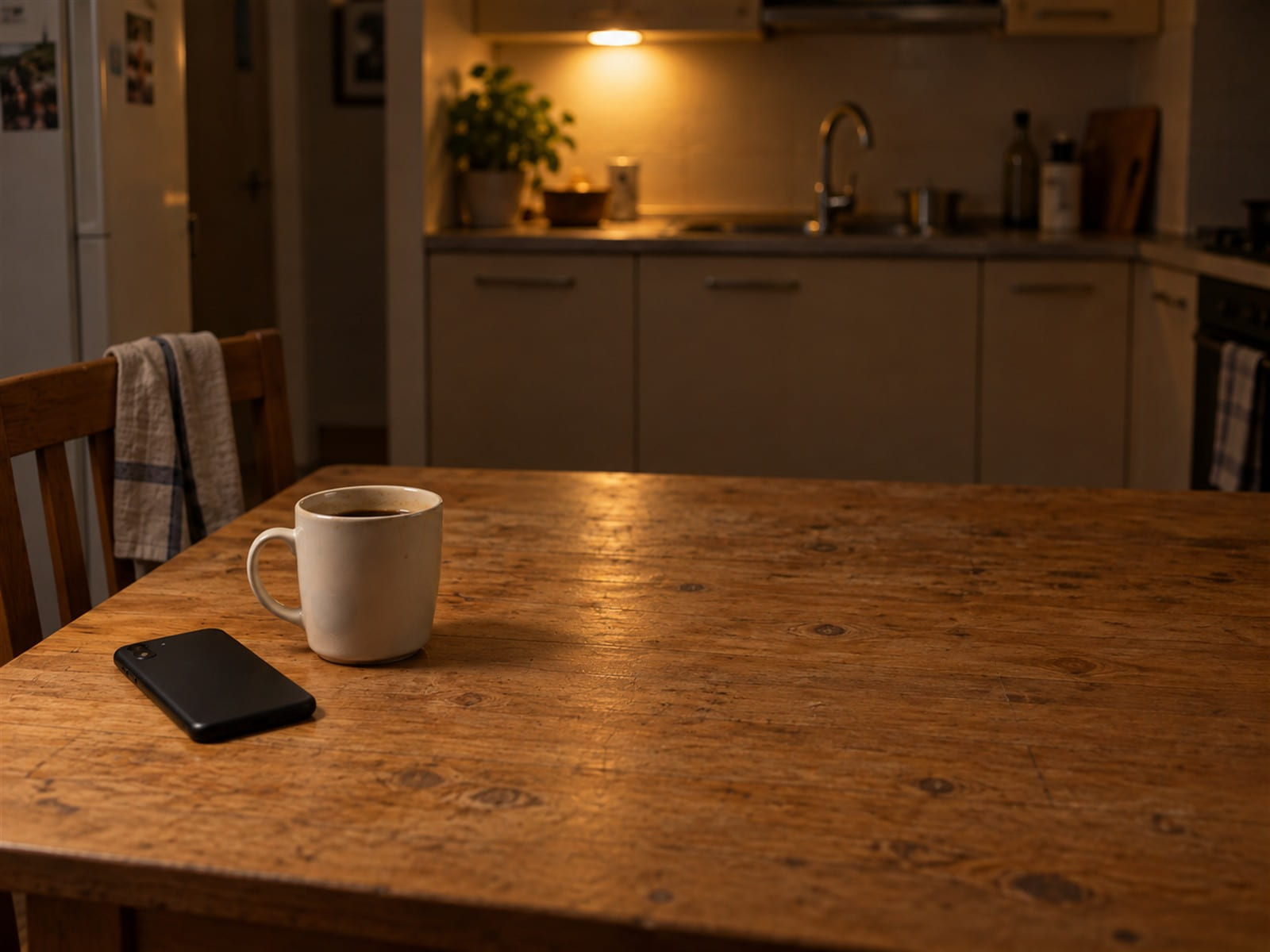 A phone lying face down on a kitchen table at night, next to a mug that has gone cold